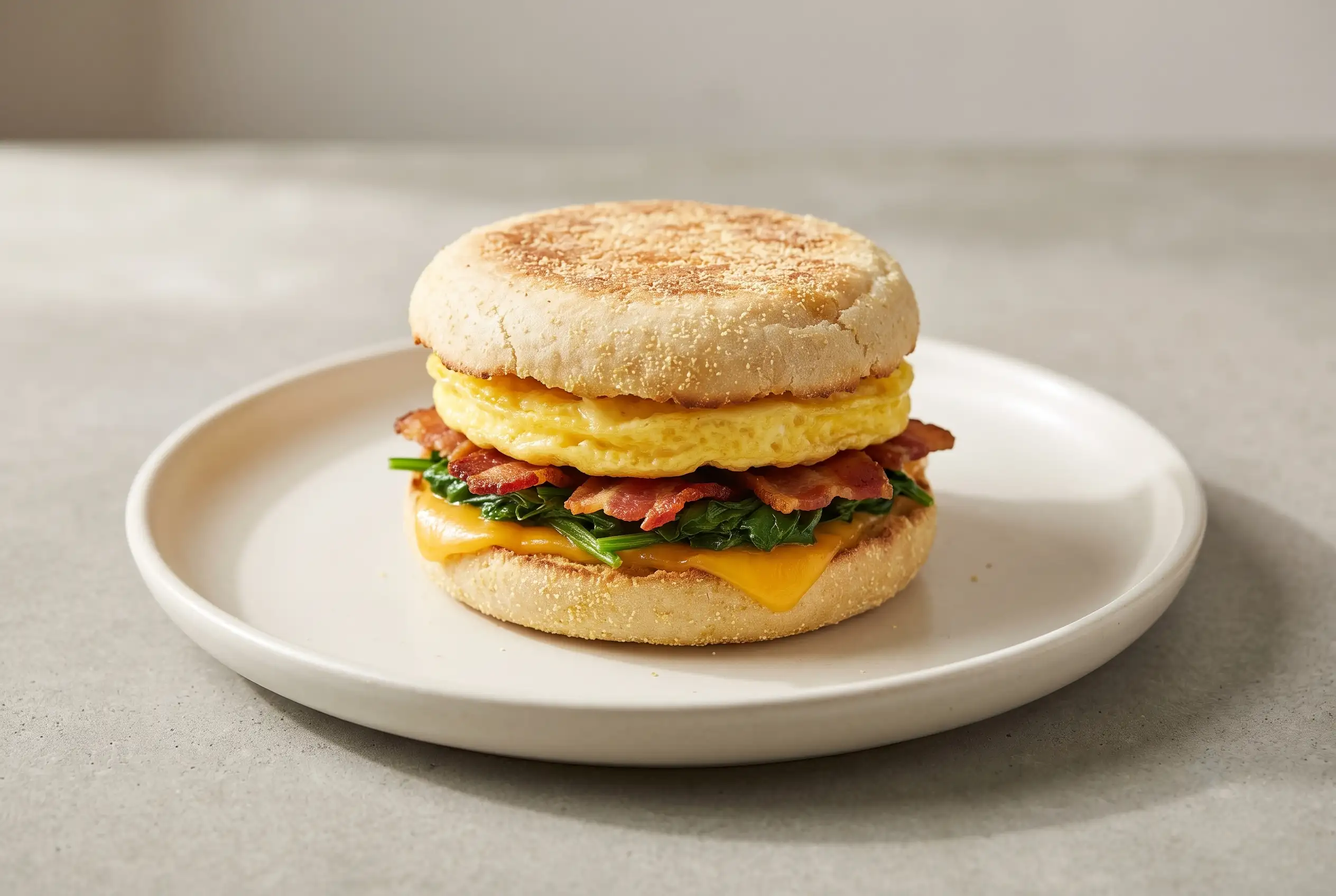 Meal prep breakfast sandwich with bacon, spinach, egg, cheese, and toasted English muffin