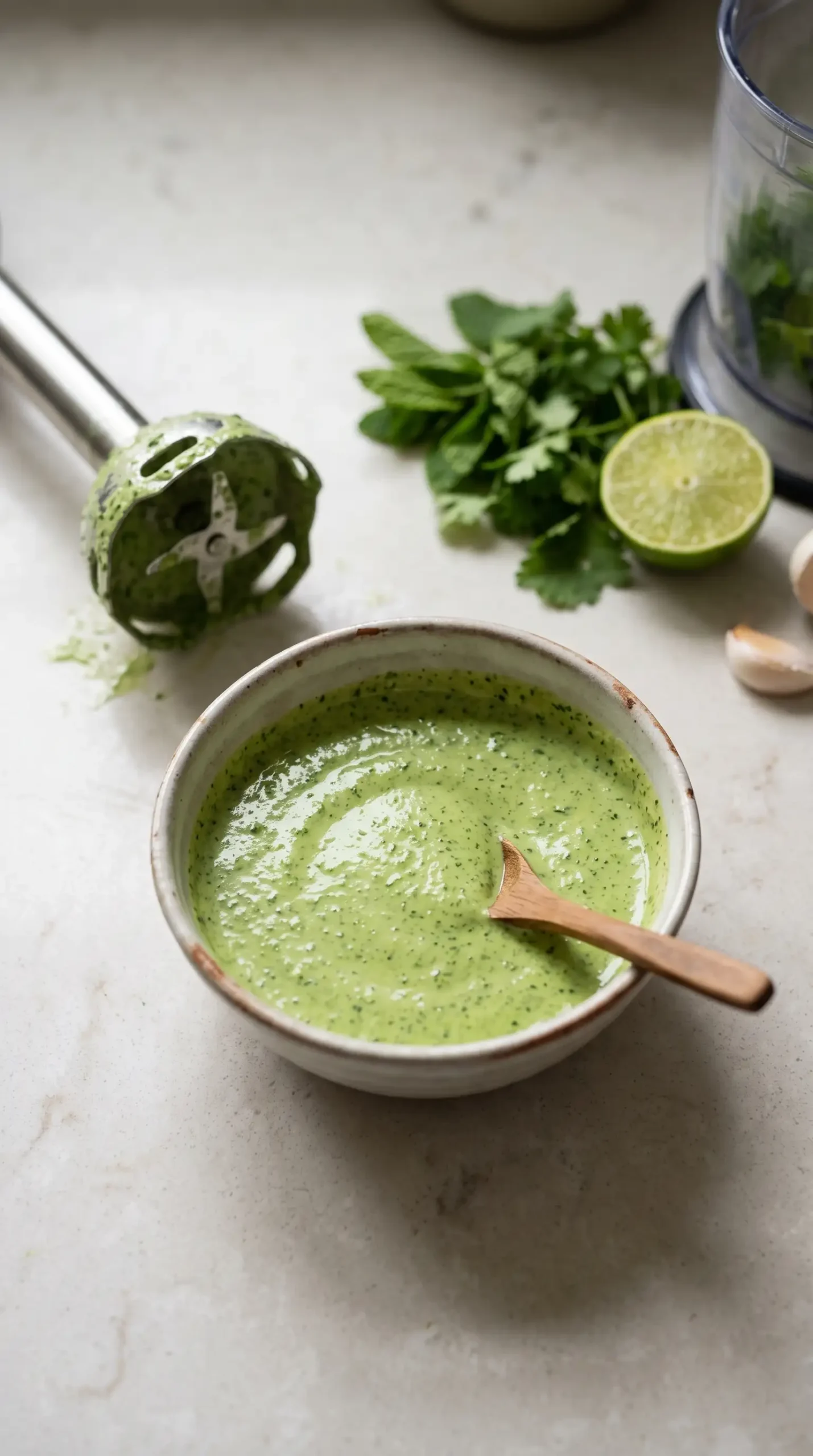 Fresh mint cilantro sauce blended with herbs, yogurt, garlic, and lime