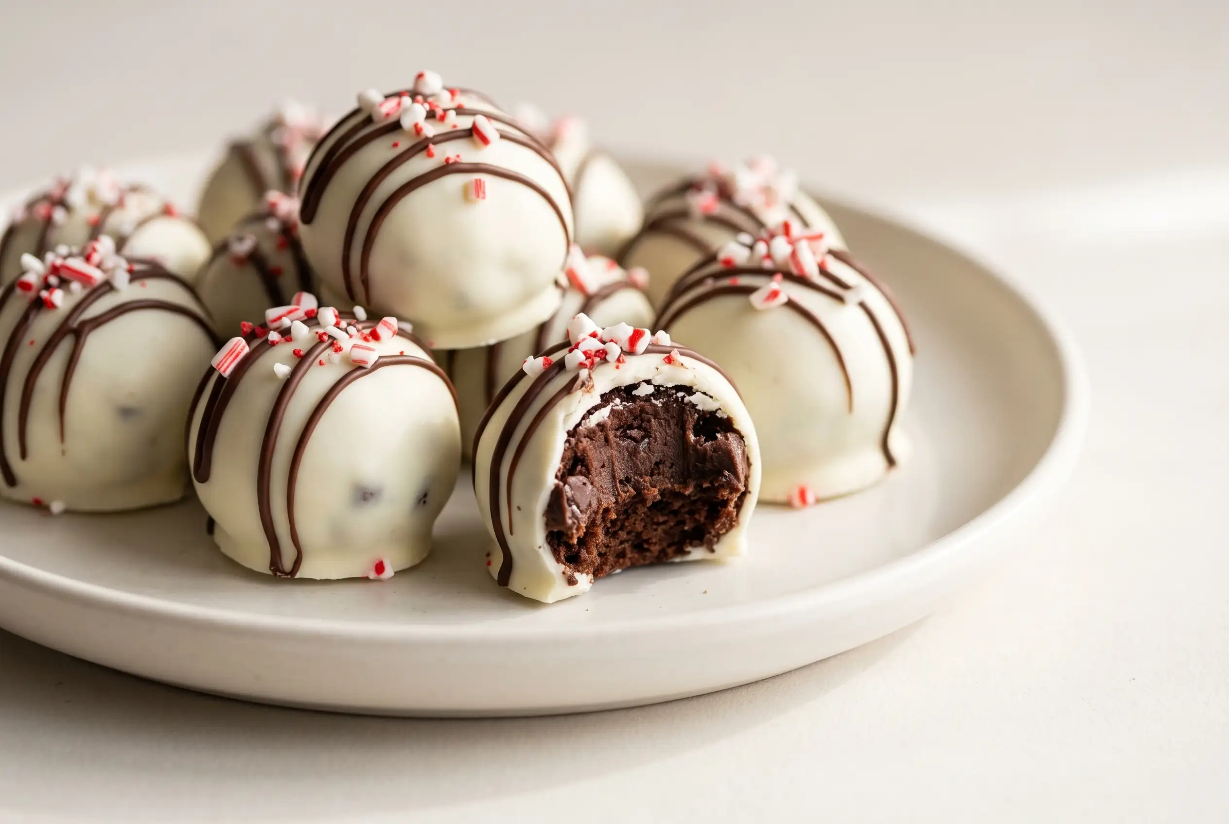 Chocolate cake bites with peppermint coating, chocolate drizzle, and holiday sprinkles on a plate