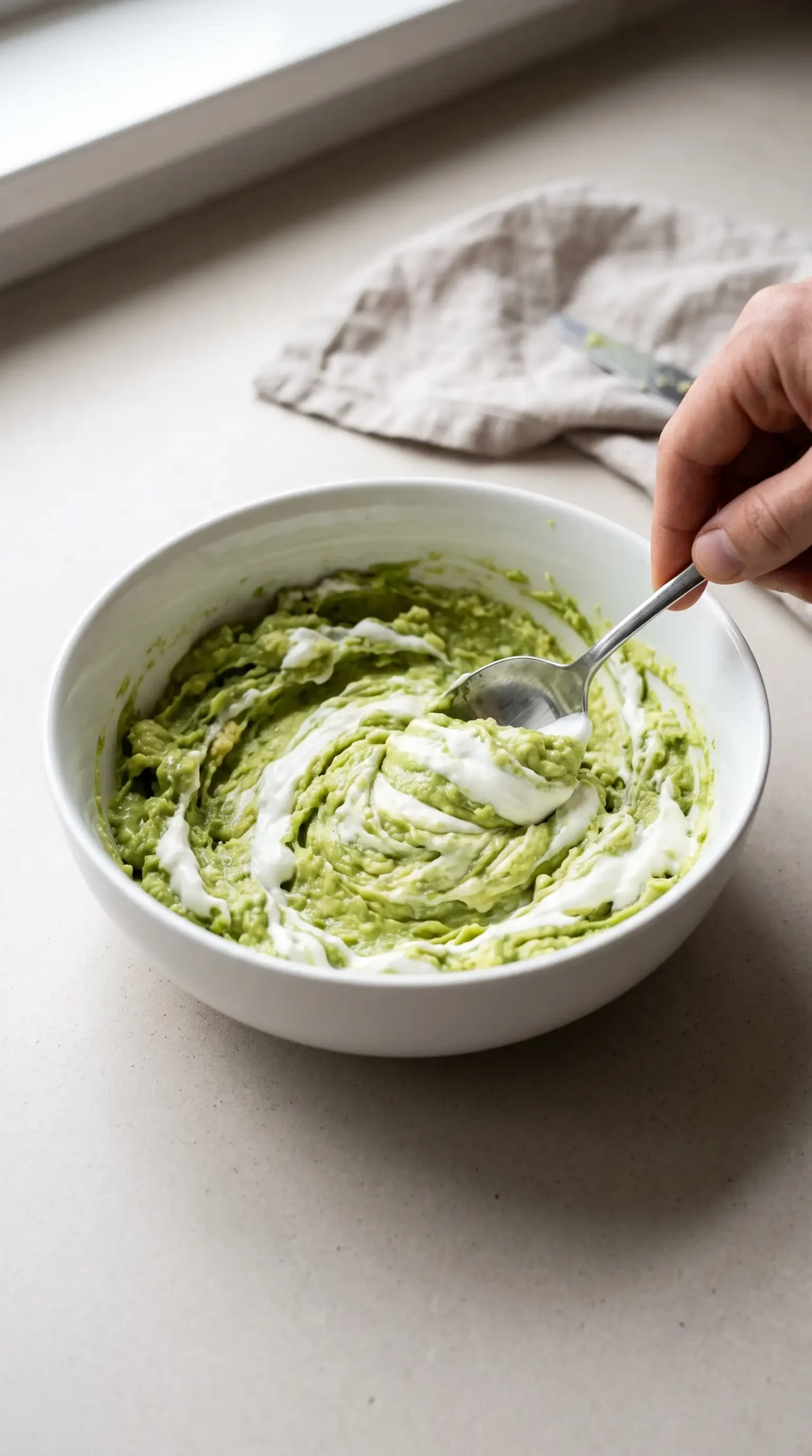 Mashed avocado being mixed with Greek yogurt in a bowl during dip preparation