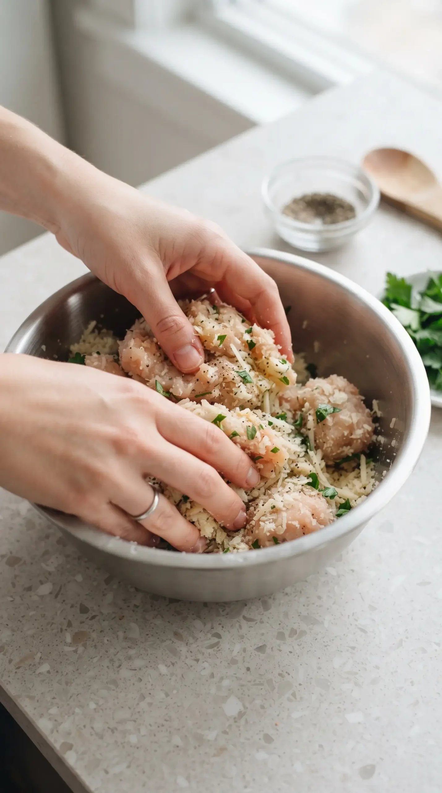 Hands mixing chicken meatball ingredients with panko and Parmesan in a bowl