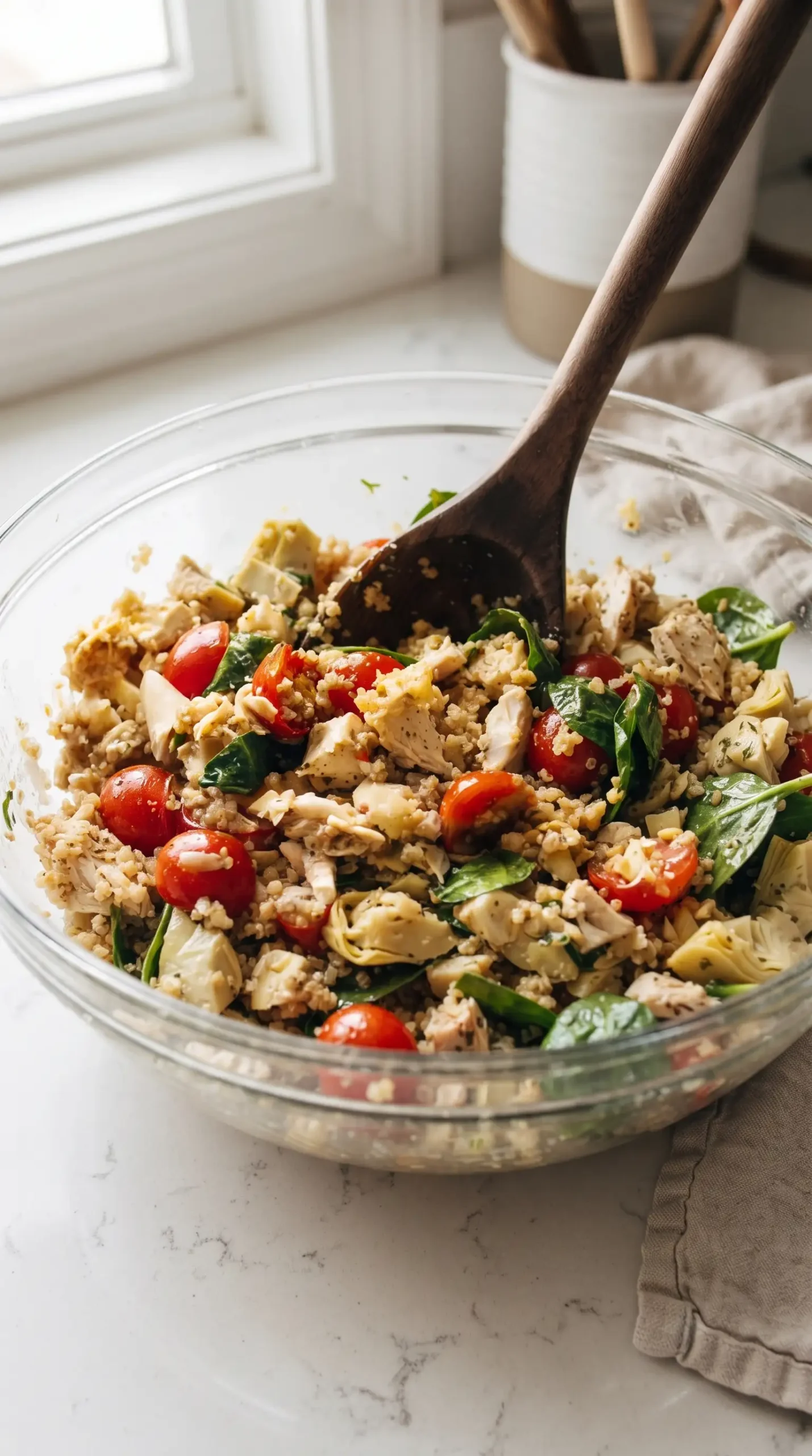 Mixing quinoa, rotisserie chicken, tomatoes, artichokes, spinach, and vinaigrette in a bowl