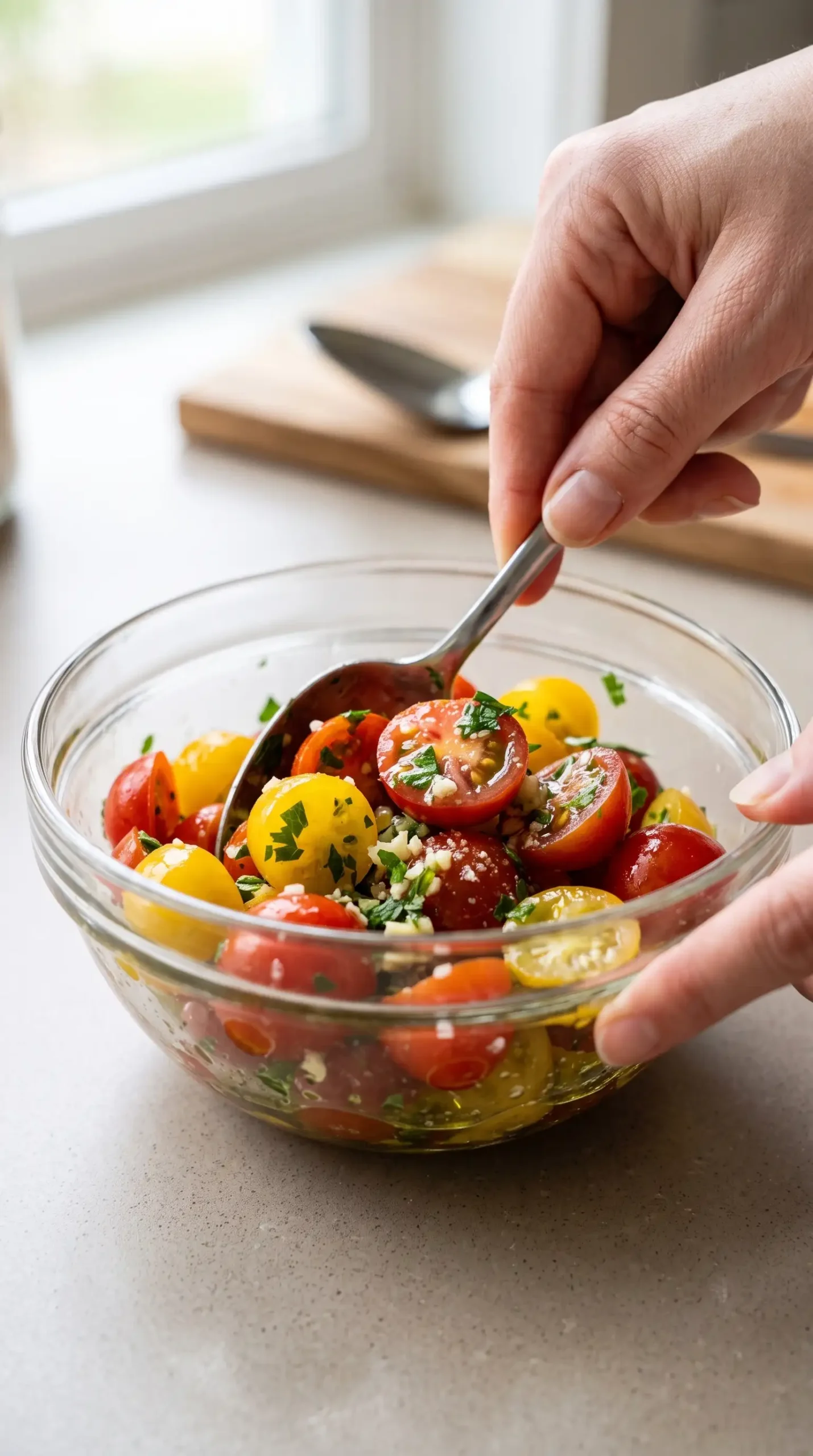 Cherry tomatoes tossed with garlic, olive oil and parsley in a mixing bowl