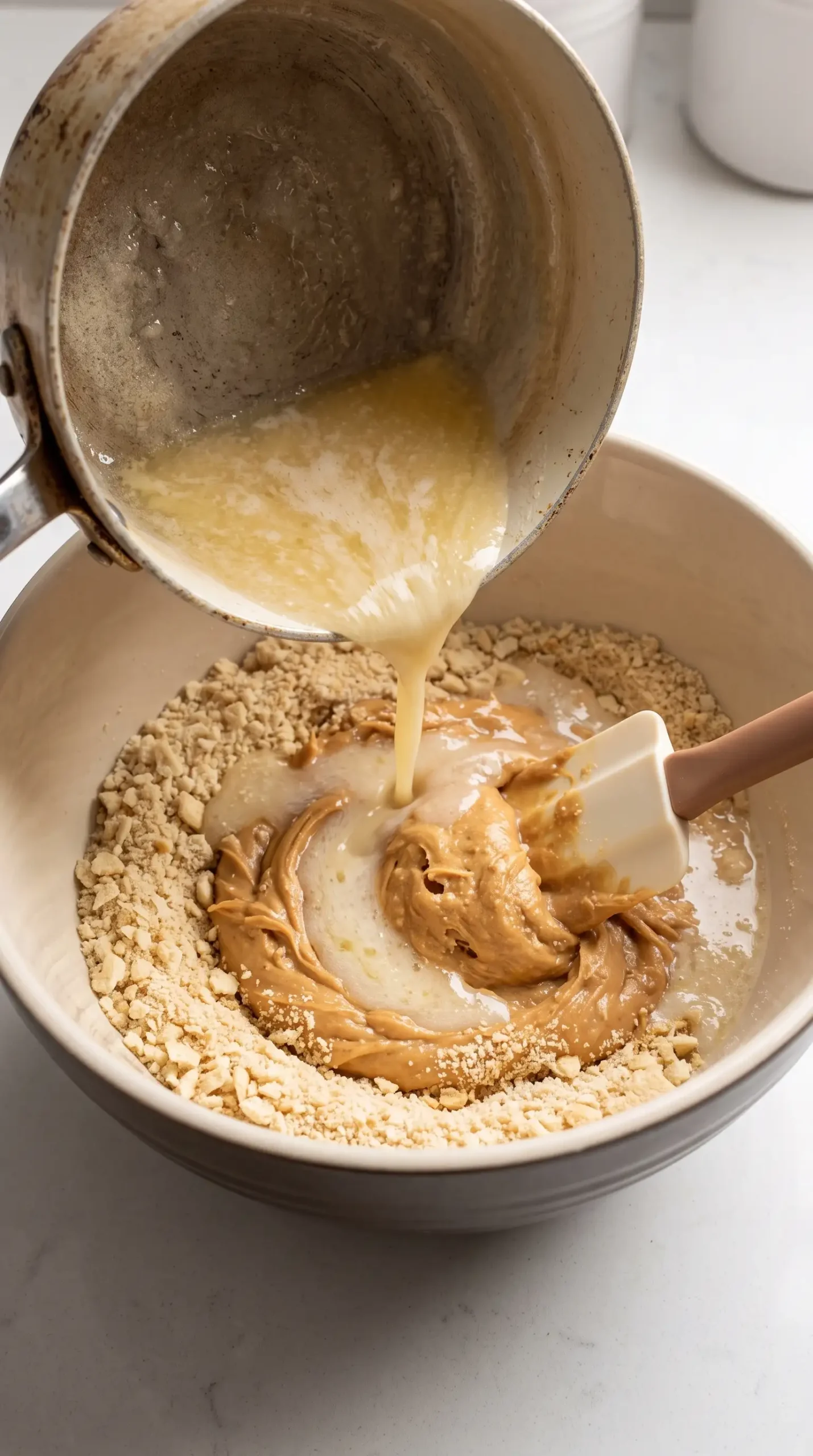 Warm sugar mixture being combined with peanut butter and Saltine crumbs during fudge preparation