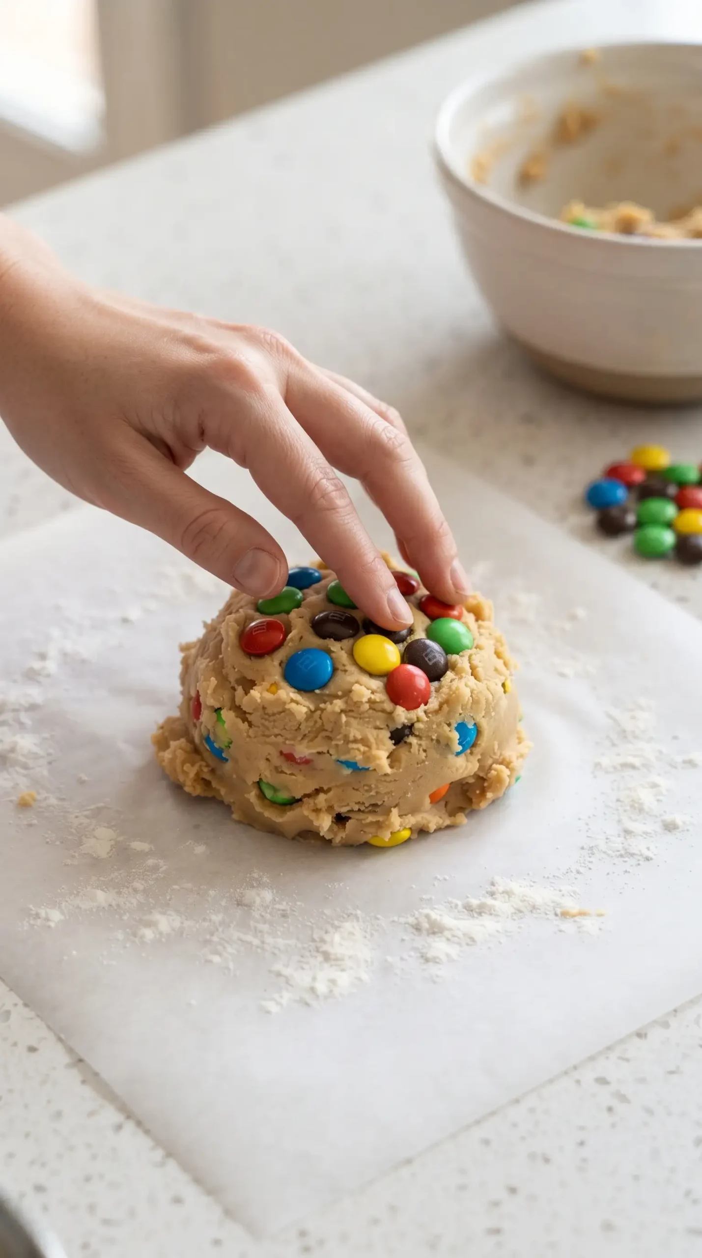 Professional food photography close-up of Big Soft M&M Cookies preparation showing a single large portion of thick cookie dough on a light neutral countertop, with colorful M&M's being gently pressed into the top surface by hand. The dough should look dense, soft, and slightly dry from flour adjustment, with visible candy pieces mixed inside and extra M&M candies added on top. Include only a simple mixing bowl and a few loose M&M pieces as purposeful props, no finished cookie display, no dramatic motion, realistic natural daylight, shallow depth of field, accurate homemade baking scene.