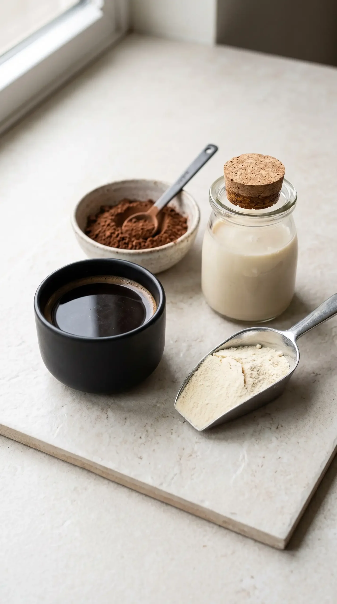 Coffee, cocoa powder, coconut milk, and protein powder for mocha preparation