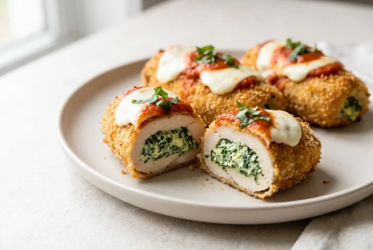 Mozzarella chicken rolls with spinach ricotta filling on a plate with melted cheese and marinara