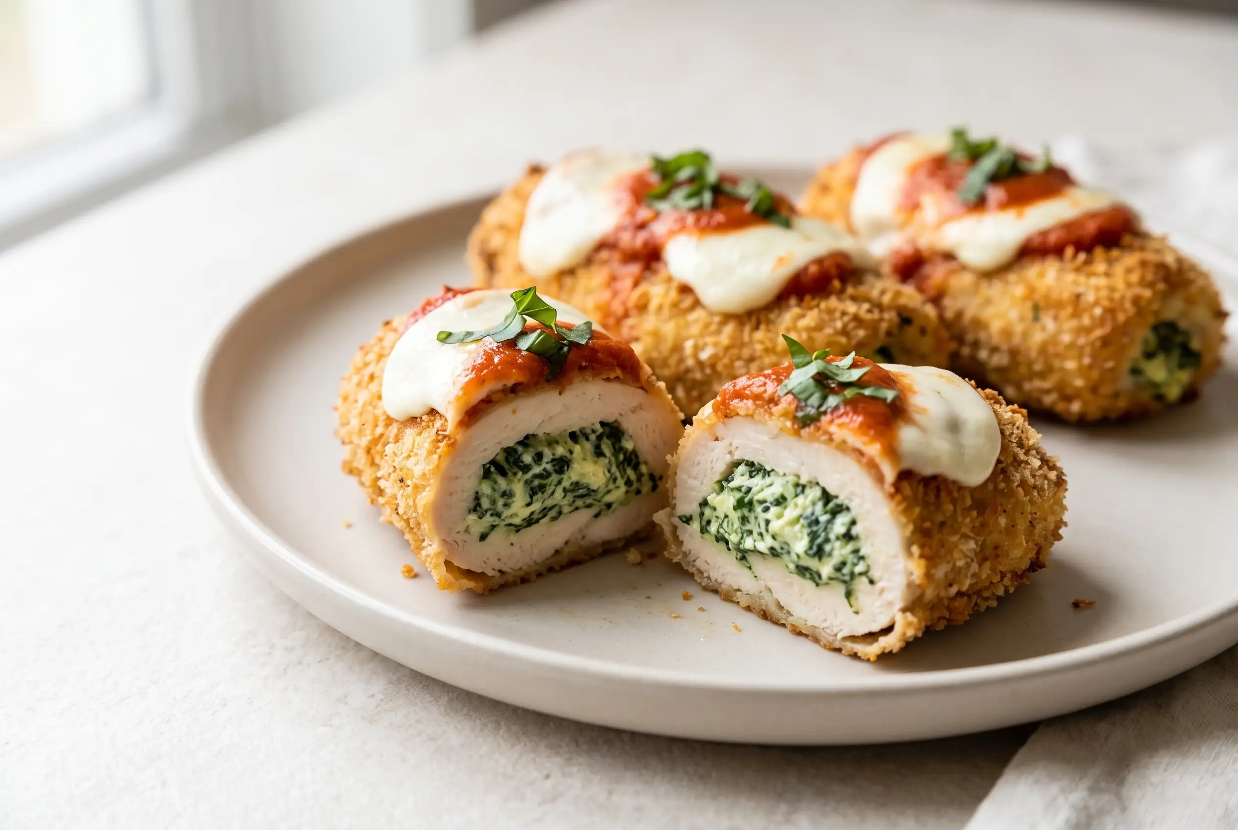 Mozzarella chicken rolls with spinach ricotta filling on a plate with melted cheese and marinara