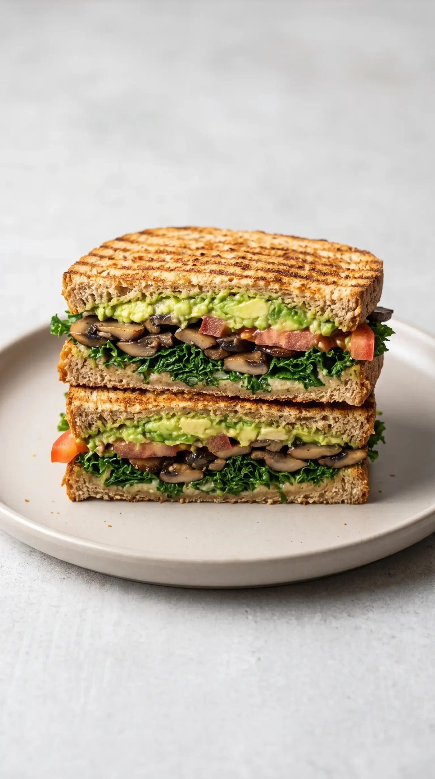 Cut avocado veggie panini showing mushrooms, kale, tomatoes, and avocado layers