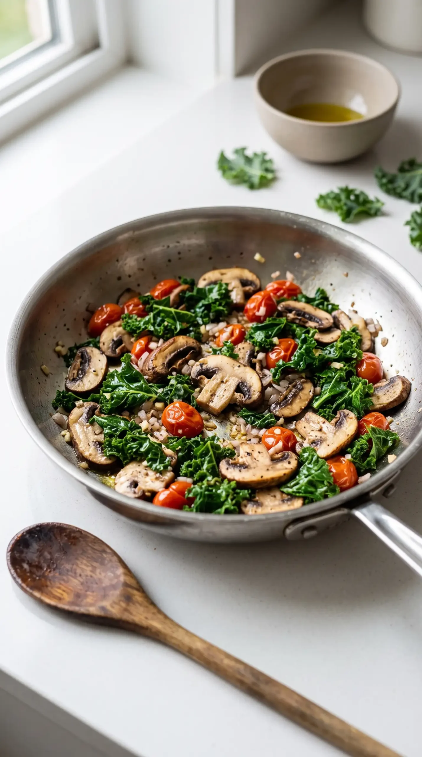 Sautéed mushrooms, kale, and tomatoes cooking together in a skillet for panini filling