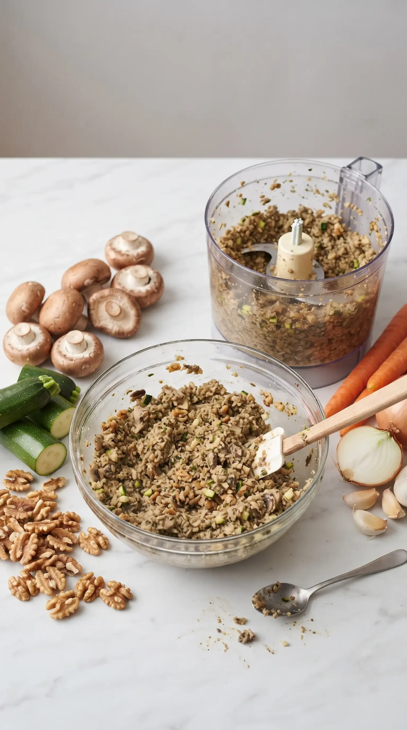 Mushroom walnut zucchini filling mixture prepared for vegetarian lasagna
