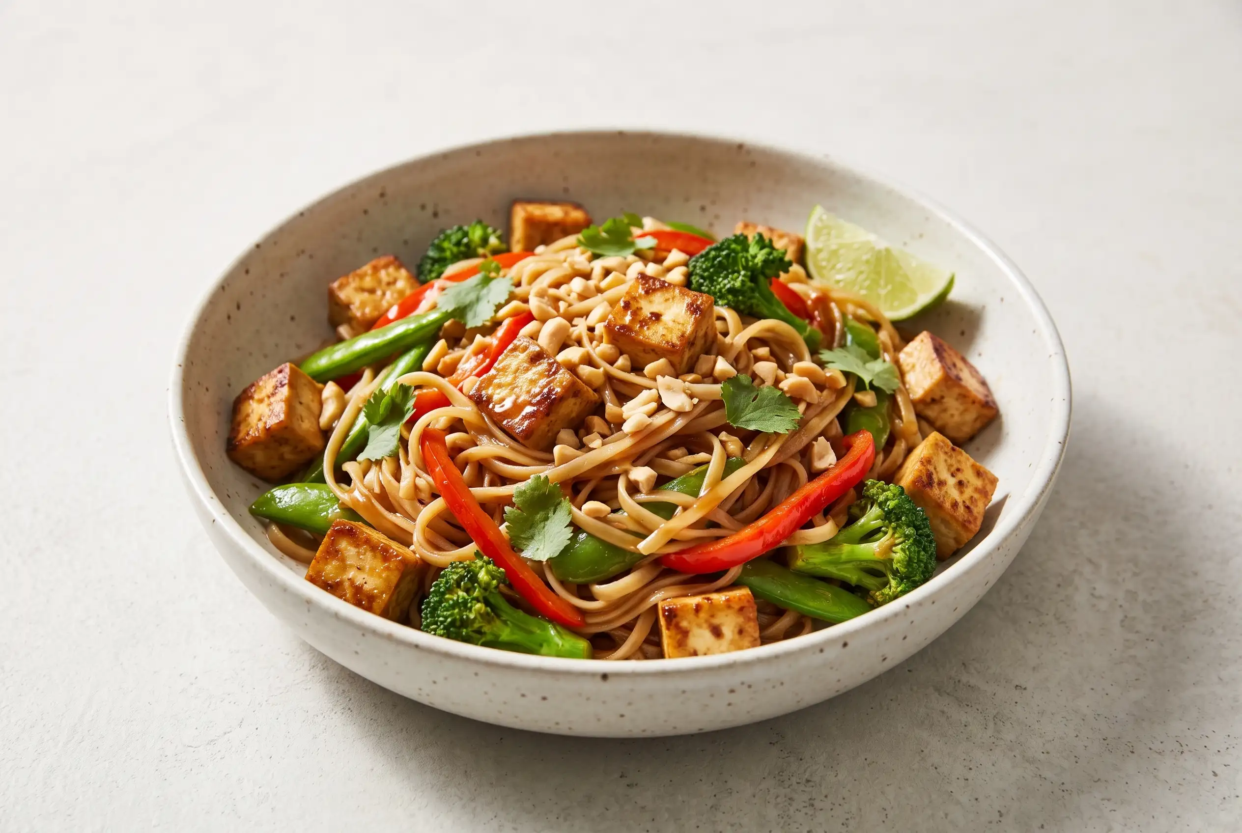 Noodle stir fry with brown rice noodles, tofu, vegetables, sauce, peanuts, cilantro, and lime