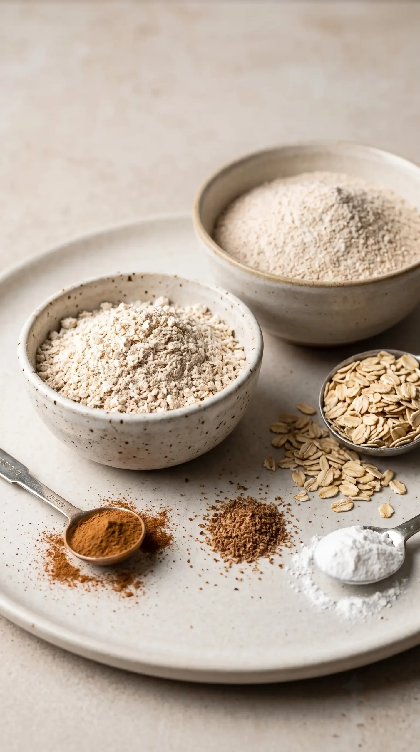 Oat flour, whole wheat flour, oats, cinnamon, nutmeg, and baking powder