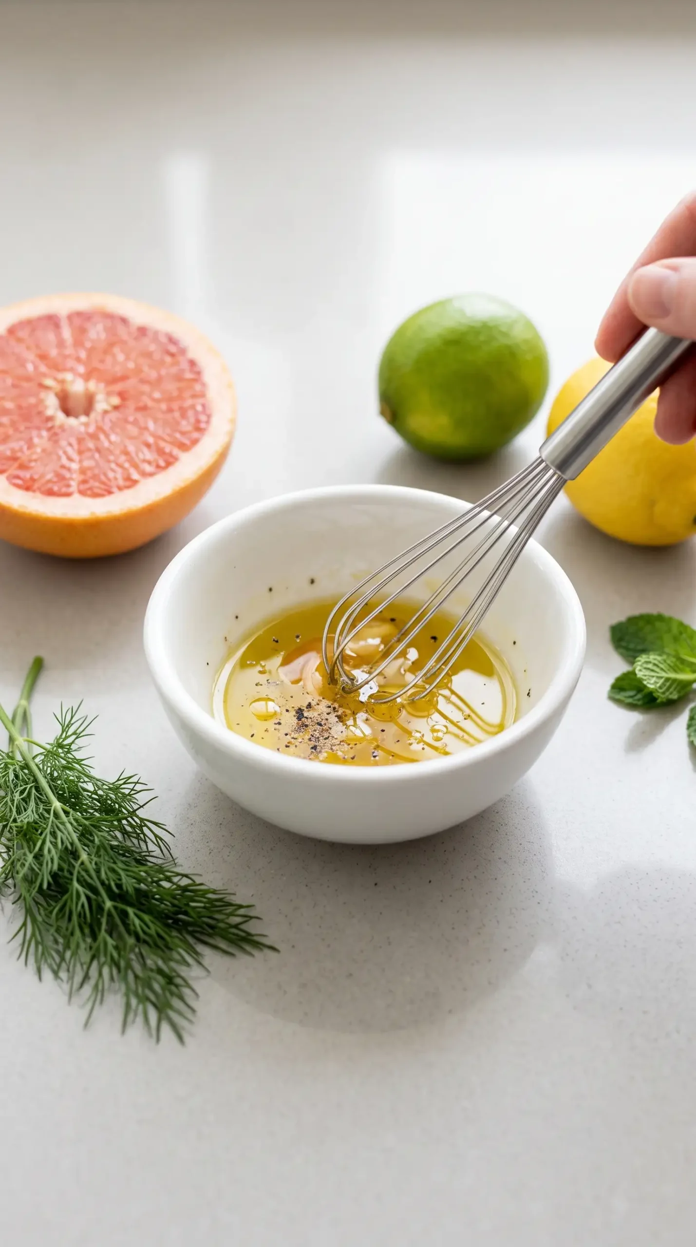 Olive oil, vinegar, and honey dressing mixed in a bowl for the salad