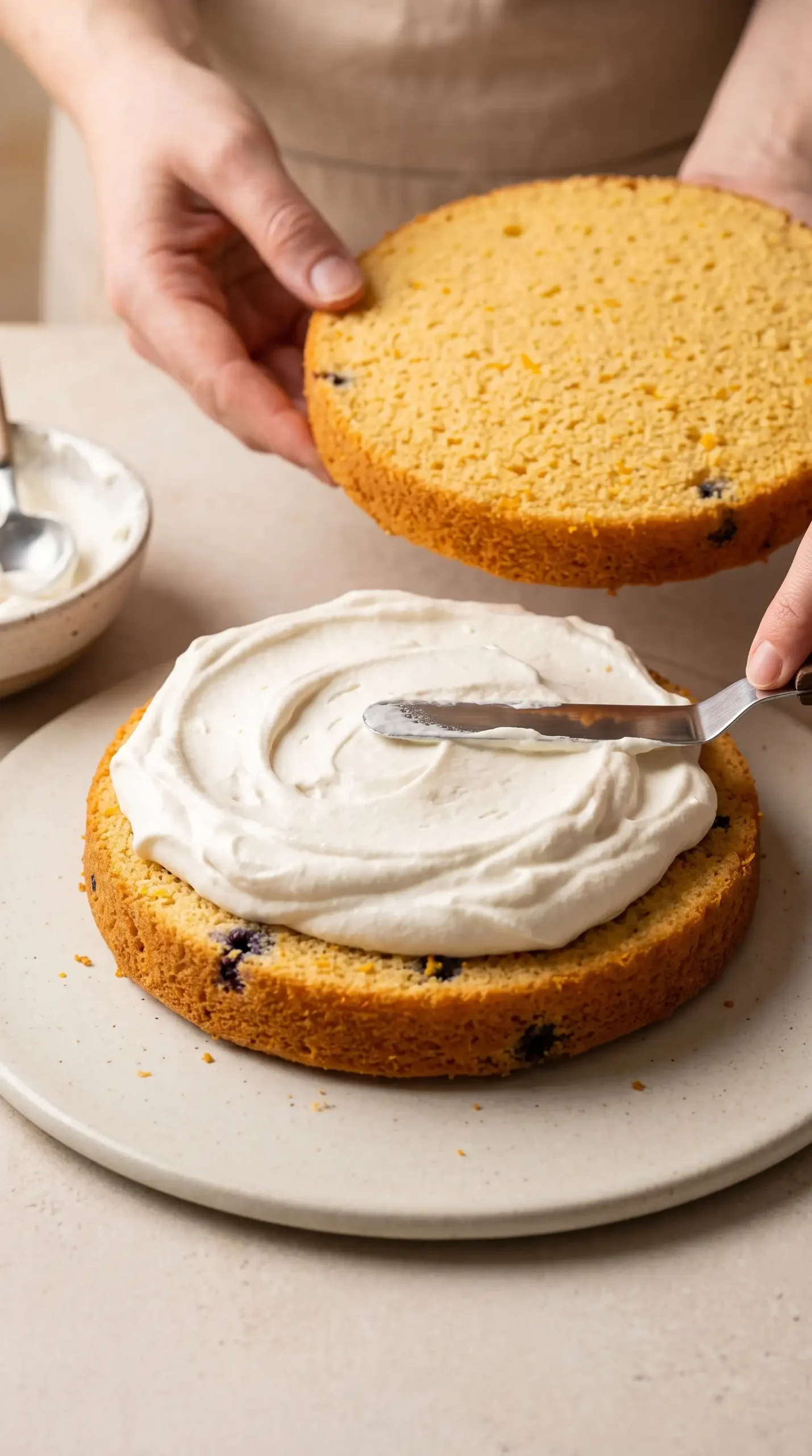 Orange cake layers being assembled with agave-sweetened whipped cream filling
