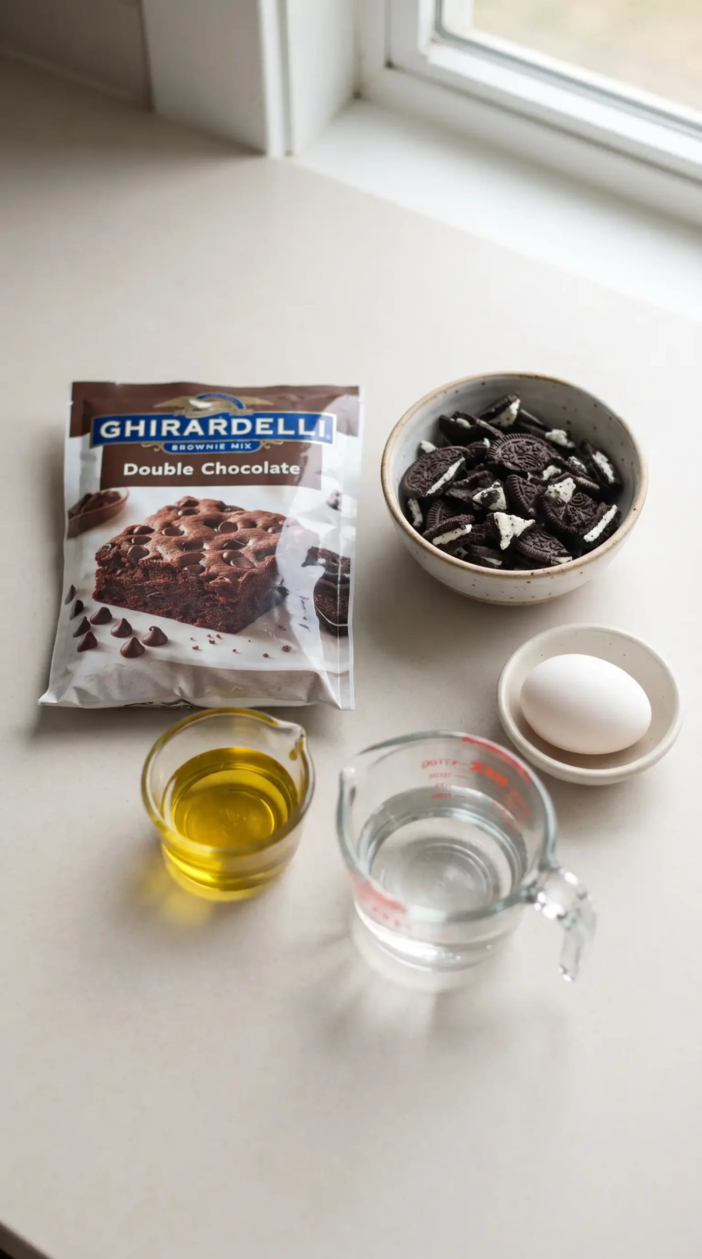 Ingredients for Oreo brownies with brownie mix, egg, oil, water, and crushed Oreo cookies