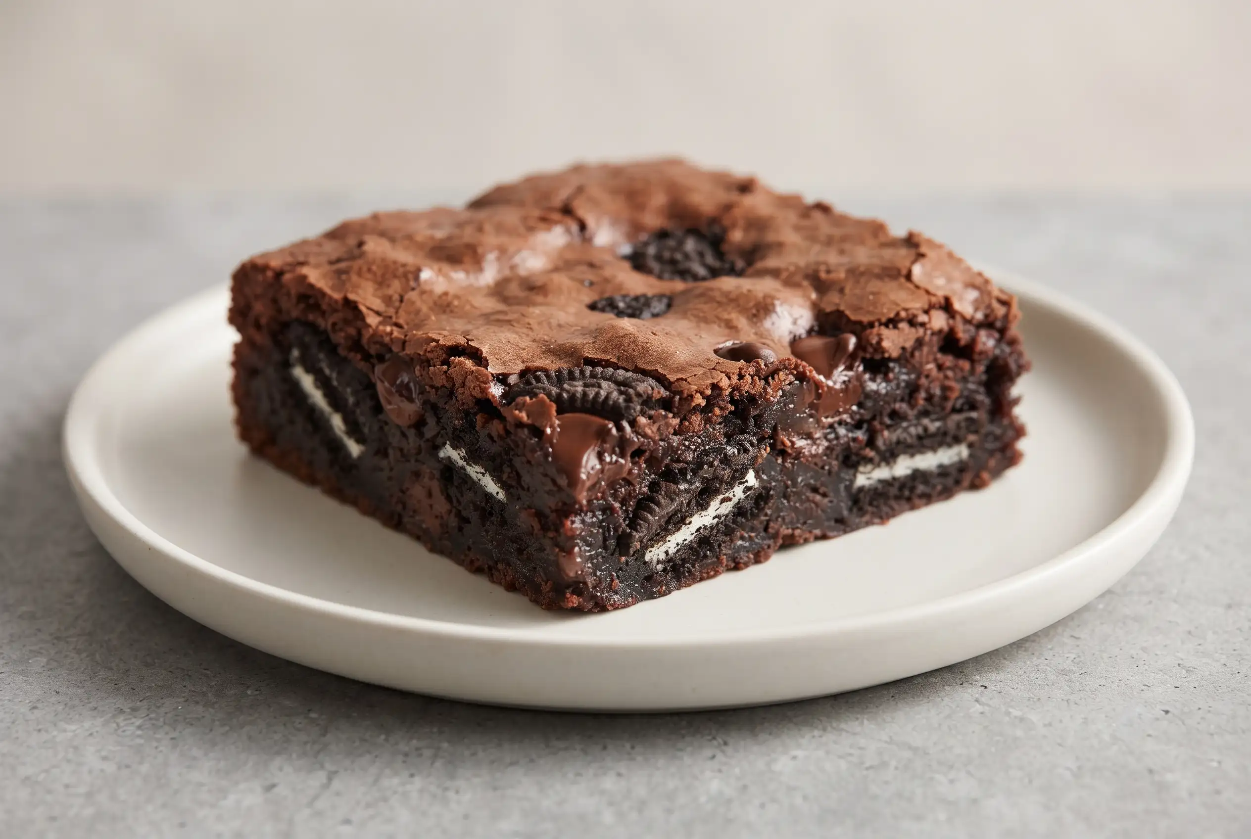 Oreo brownies with chocolate chips and crushed Oreos showing a thick fudgy brownie square