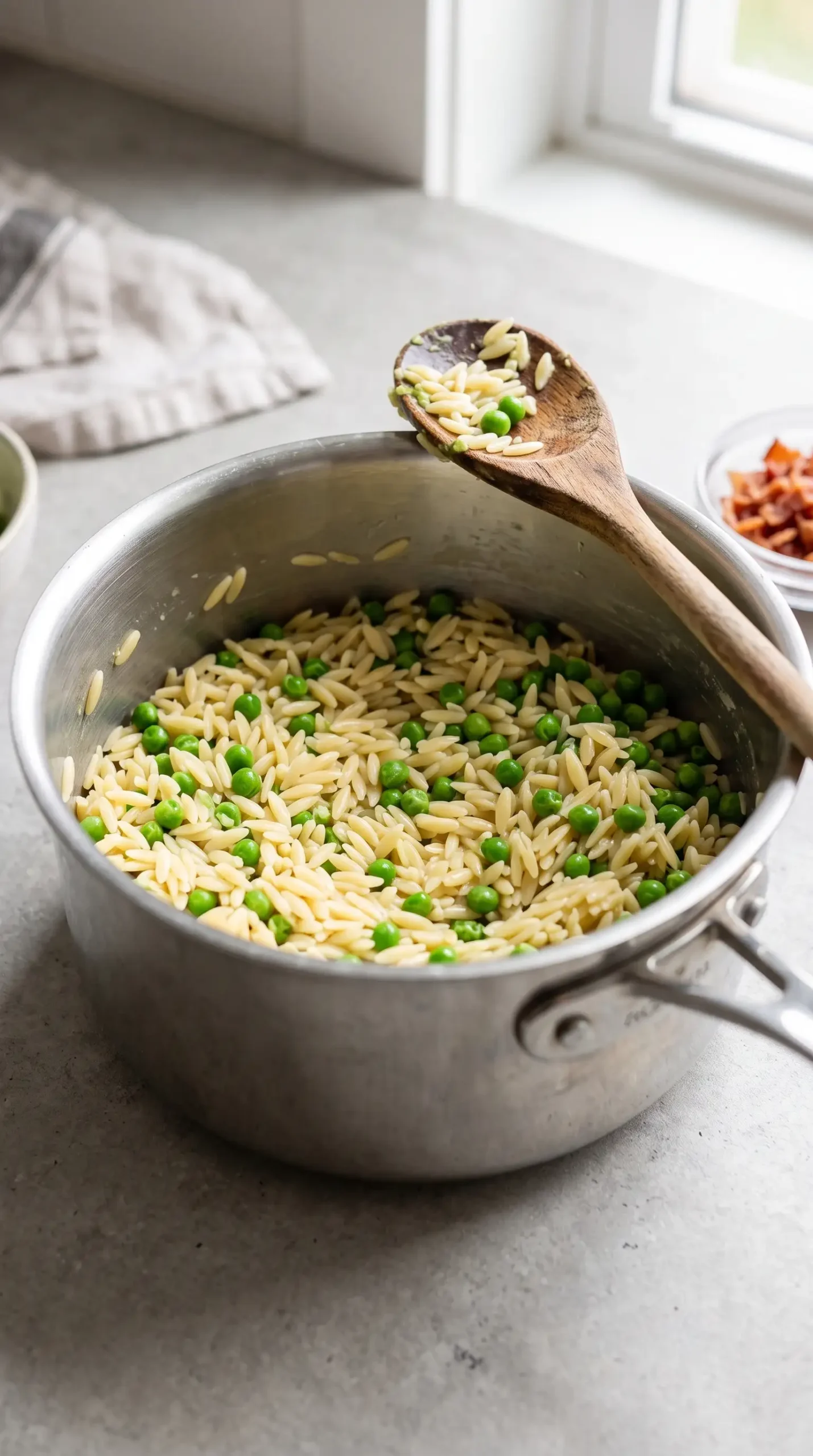 Cooked orzo and peas prepared in a saucepan before adding avocado and toppings
