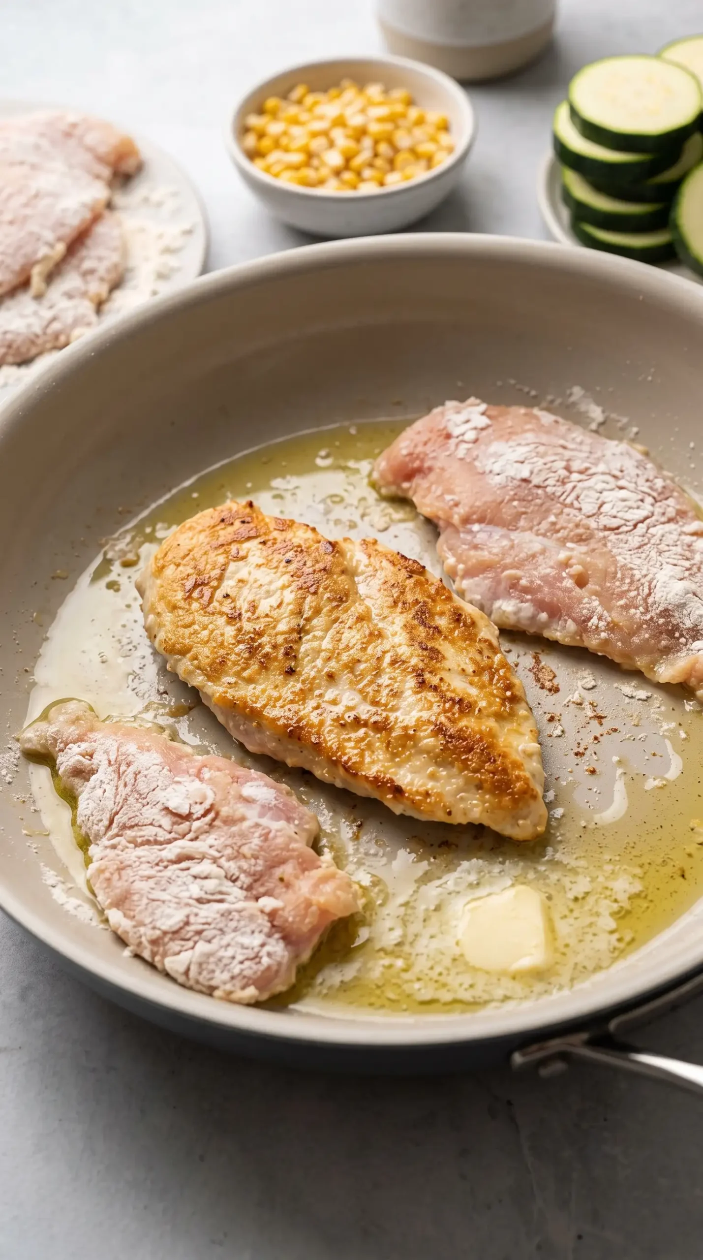 Flour coated chicken pieces cooking in a skillet until golden brown