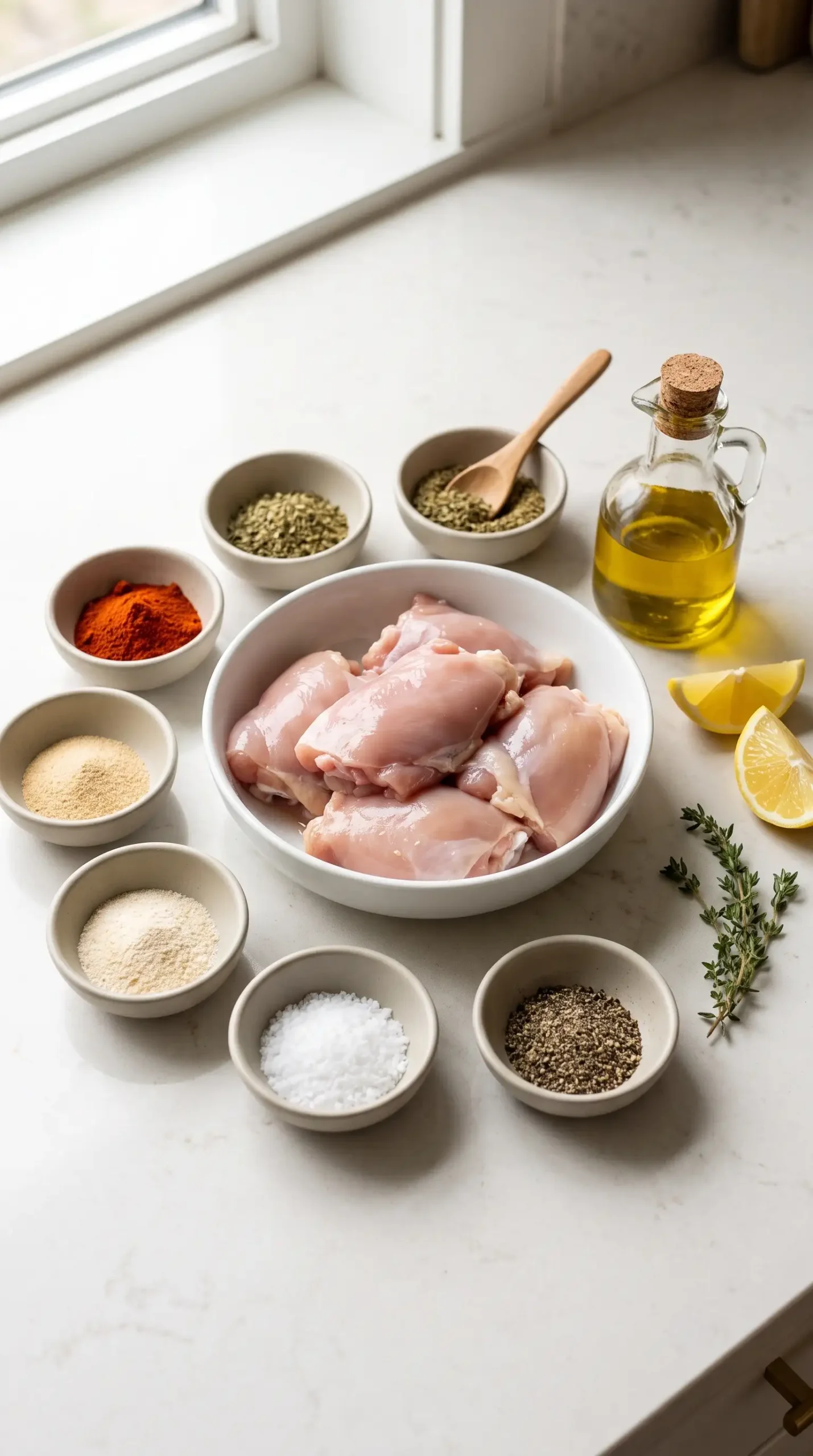 Seasoned chicken thighs with paprika, oregano, spices, olive oil, and lemon ingredients