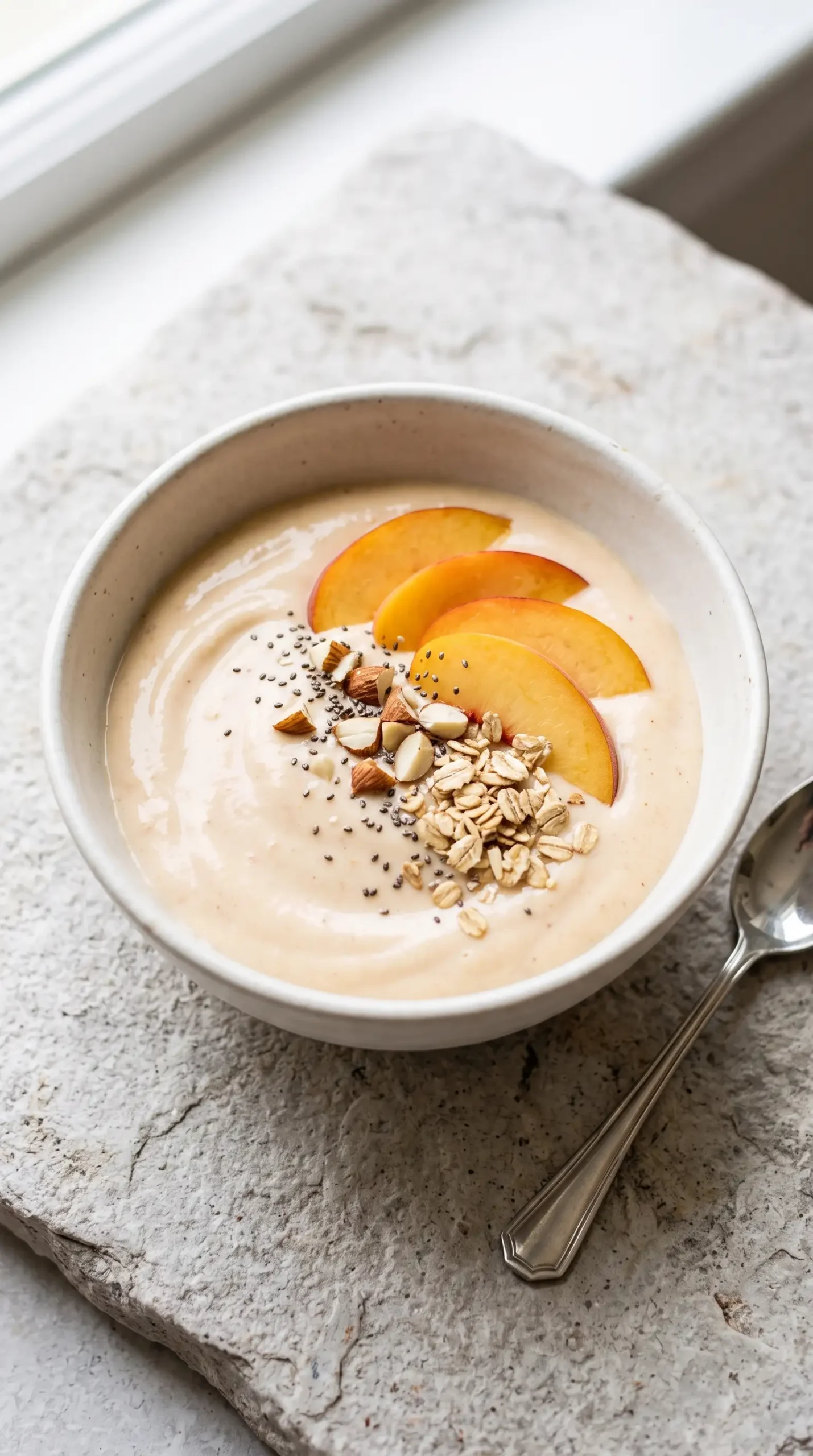 Serving bowl of peach vegan yogurt topped with fresh fruit and crunchy topping
