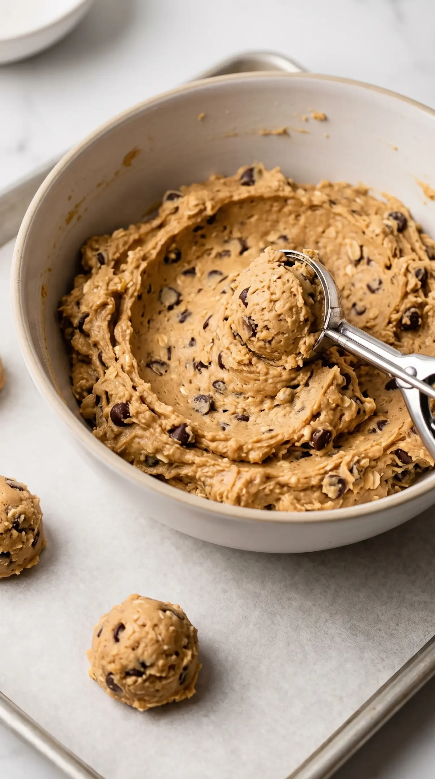 Peanut butter cookie dough with chocolate chips being scooped onto a baking sheet