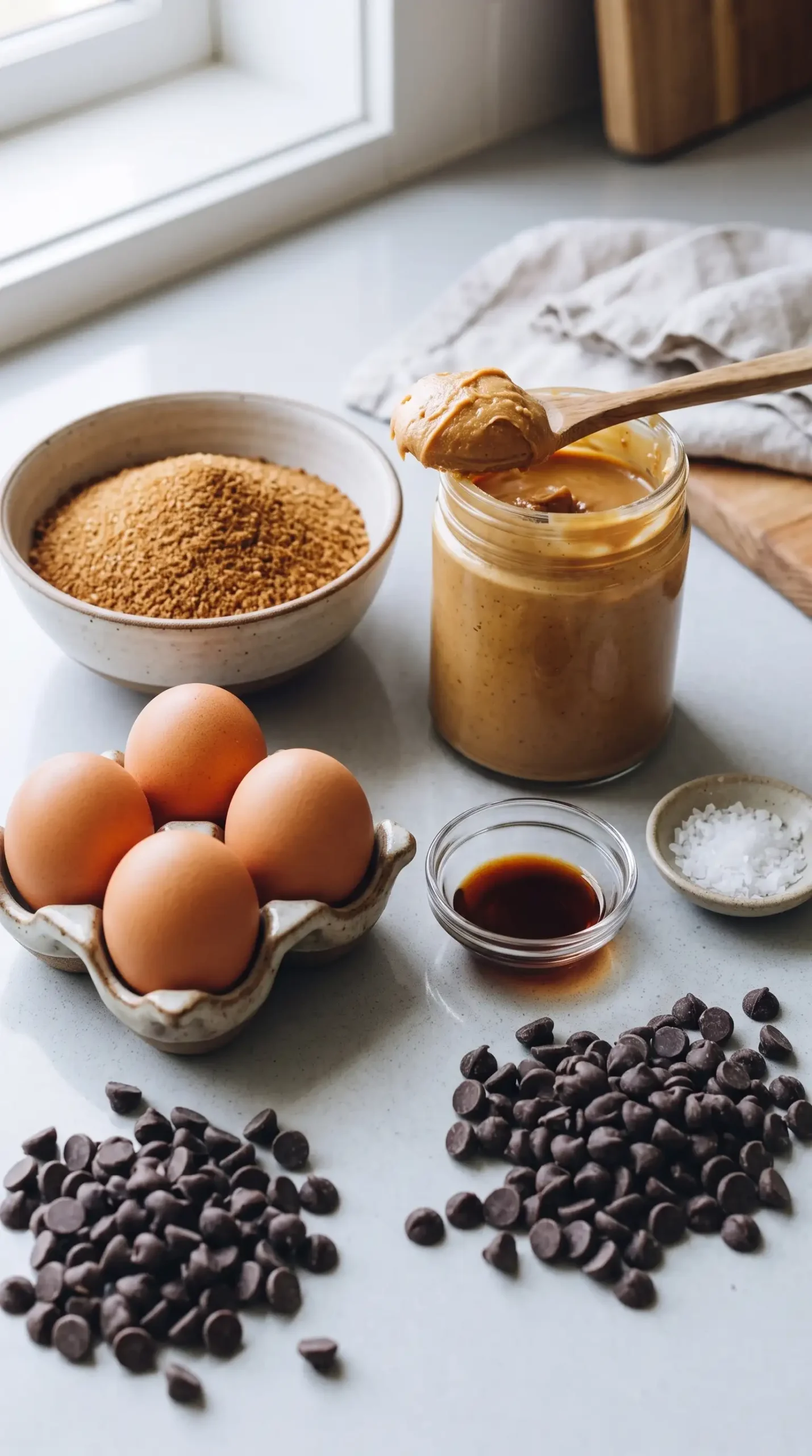 Ingredients for peanut butter chocolate chip cookies with coconut sugar and chocolate chips