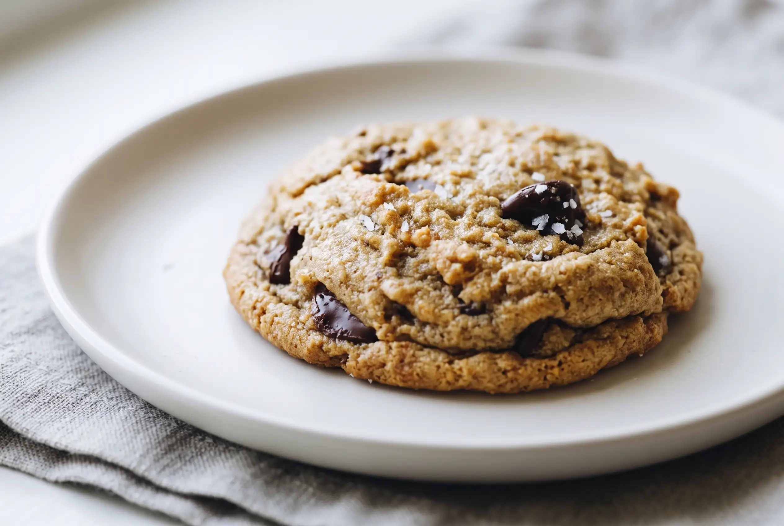 Peanut butter chocolate chip cookie with melted chocolate chips and a soft golden-brown center