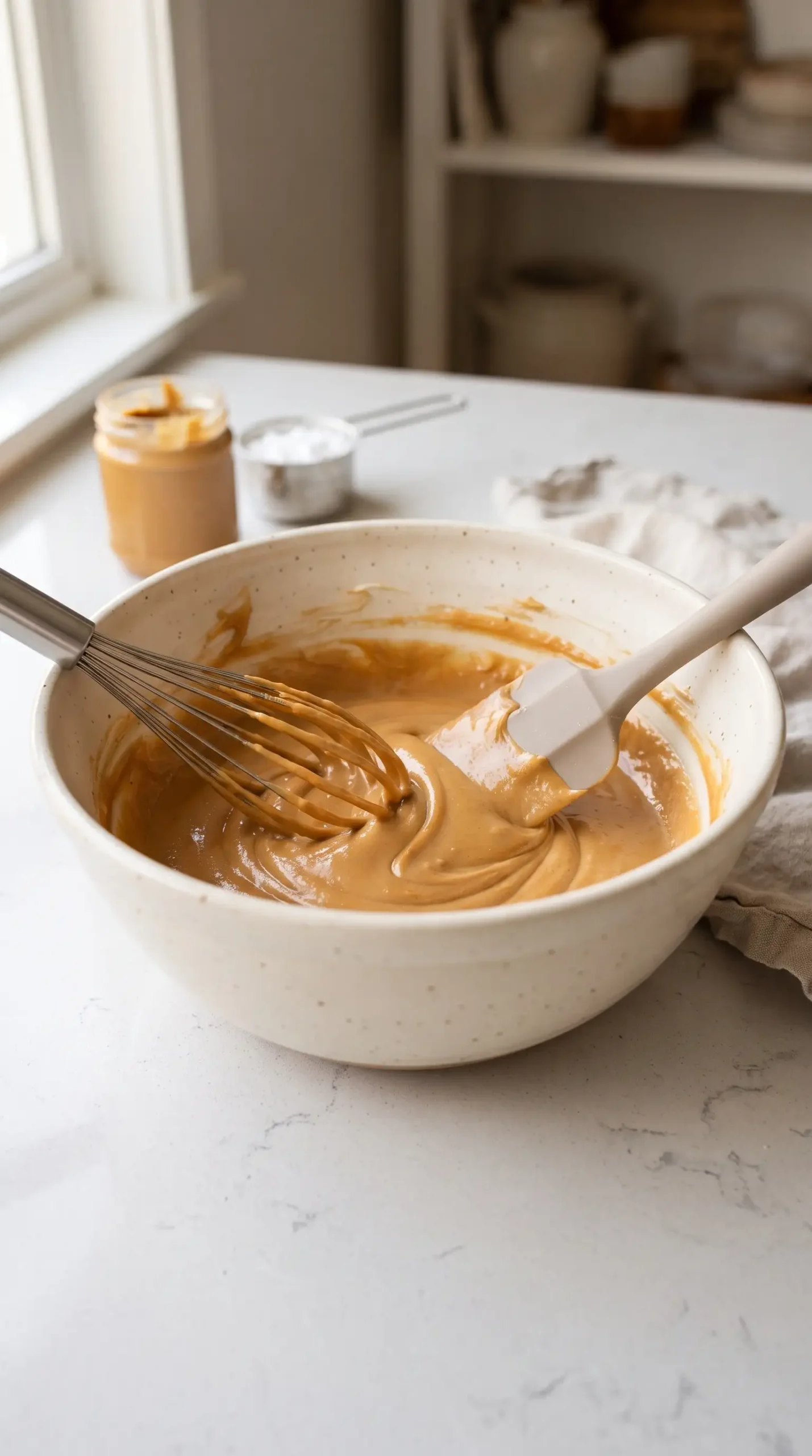 Peanut butter frosting being whisked until smooth for banana cake