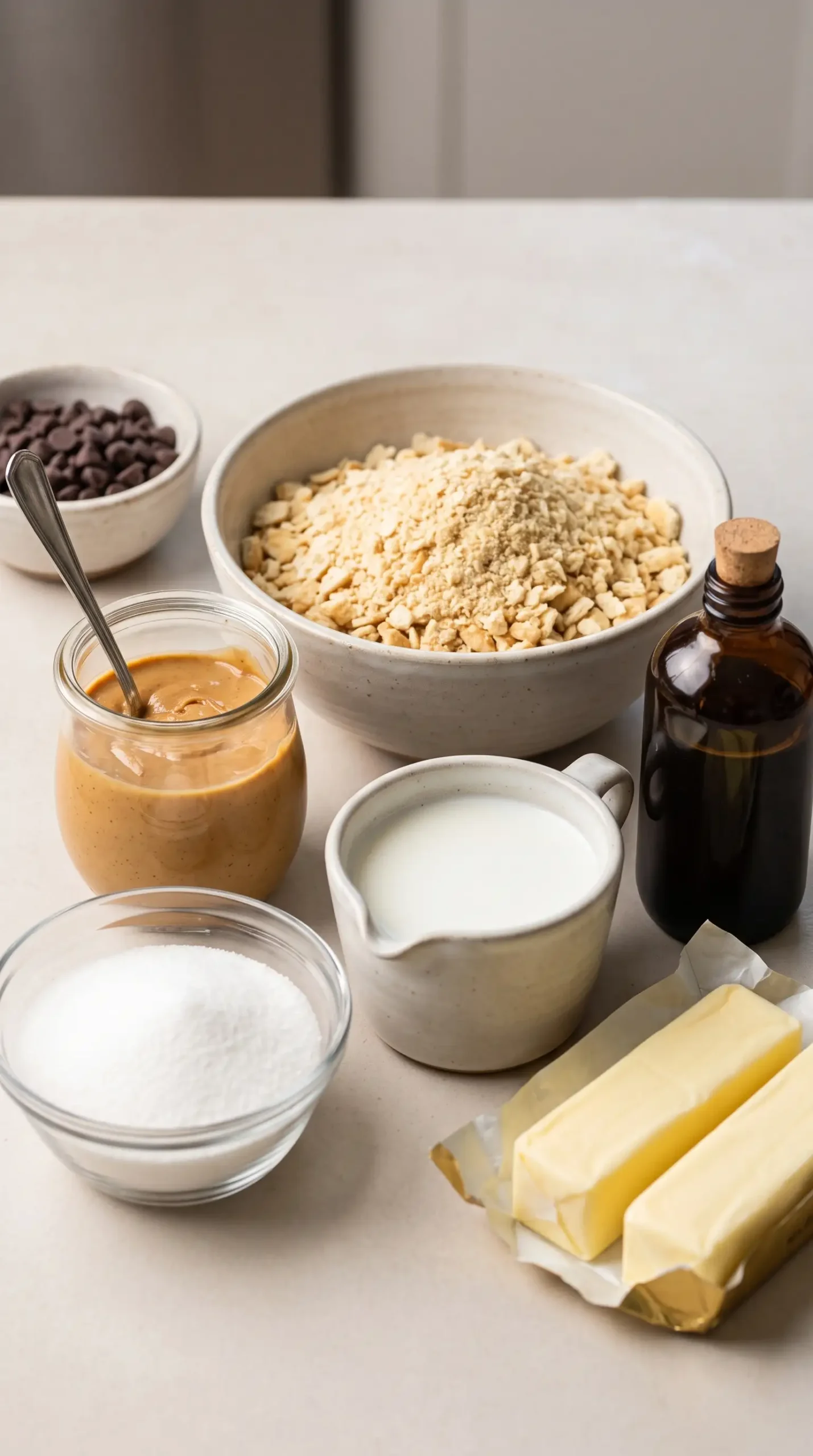 Ingredients for peanut butter fudge with crushed Saltine crumbs, peanut butter, sugar, milk, and chocolate chips