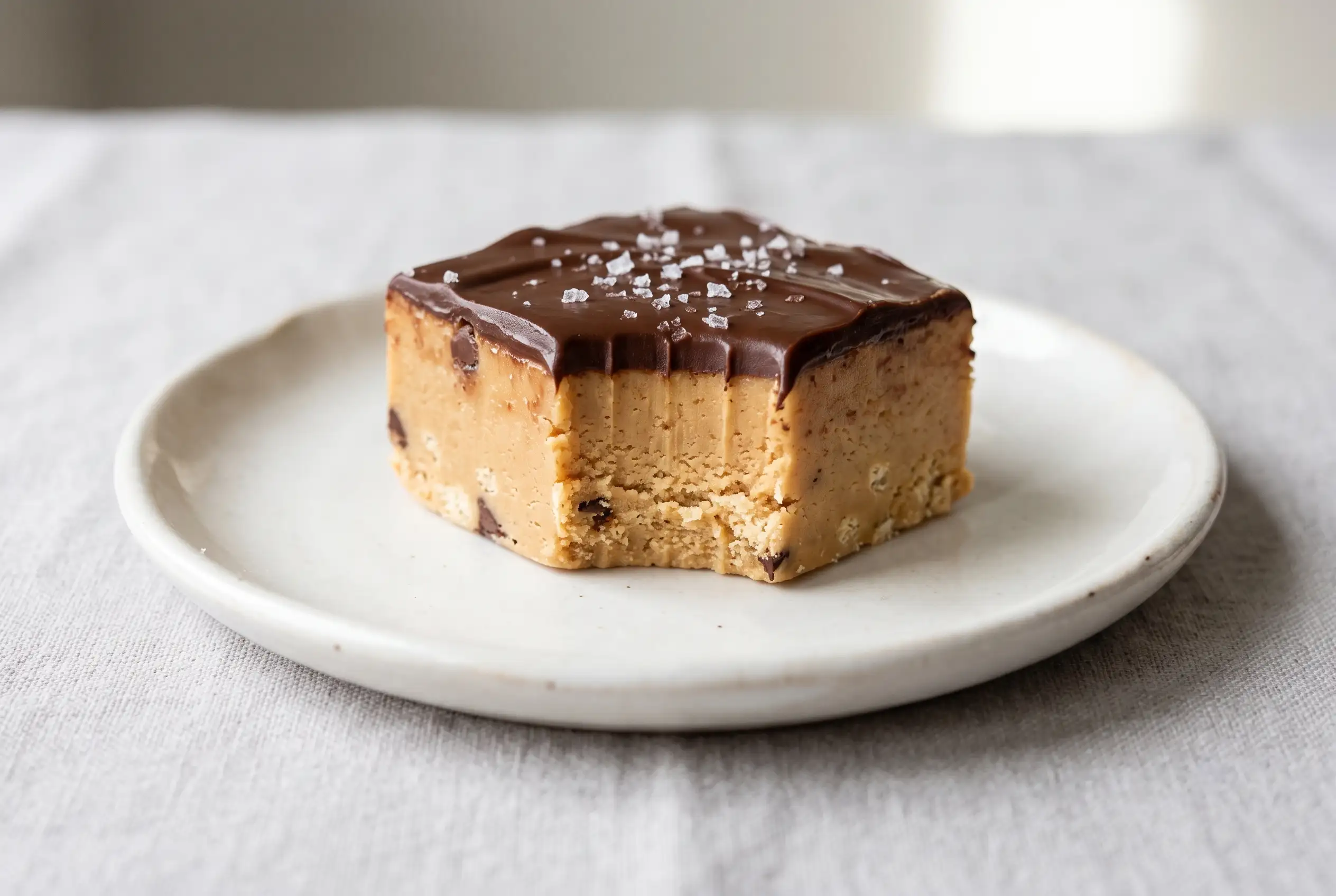 Peanut butter fudge square with Saltine crumbs, chocolate chip drizzle, and sea salt topping