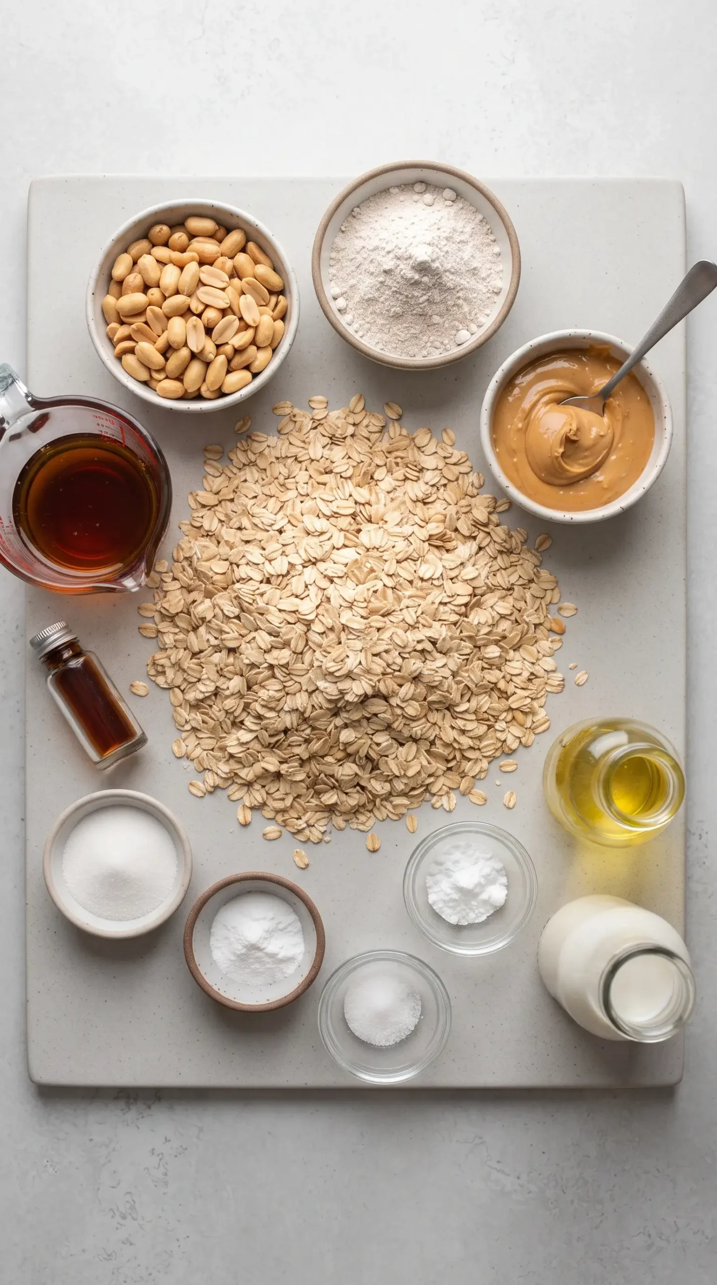 Ingredients for peanut butter granola with oats, peanuts, maple syrup, and nut butter