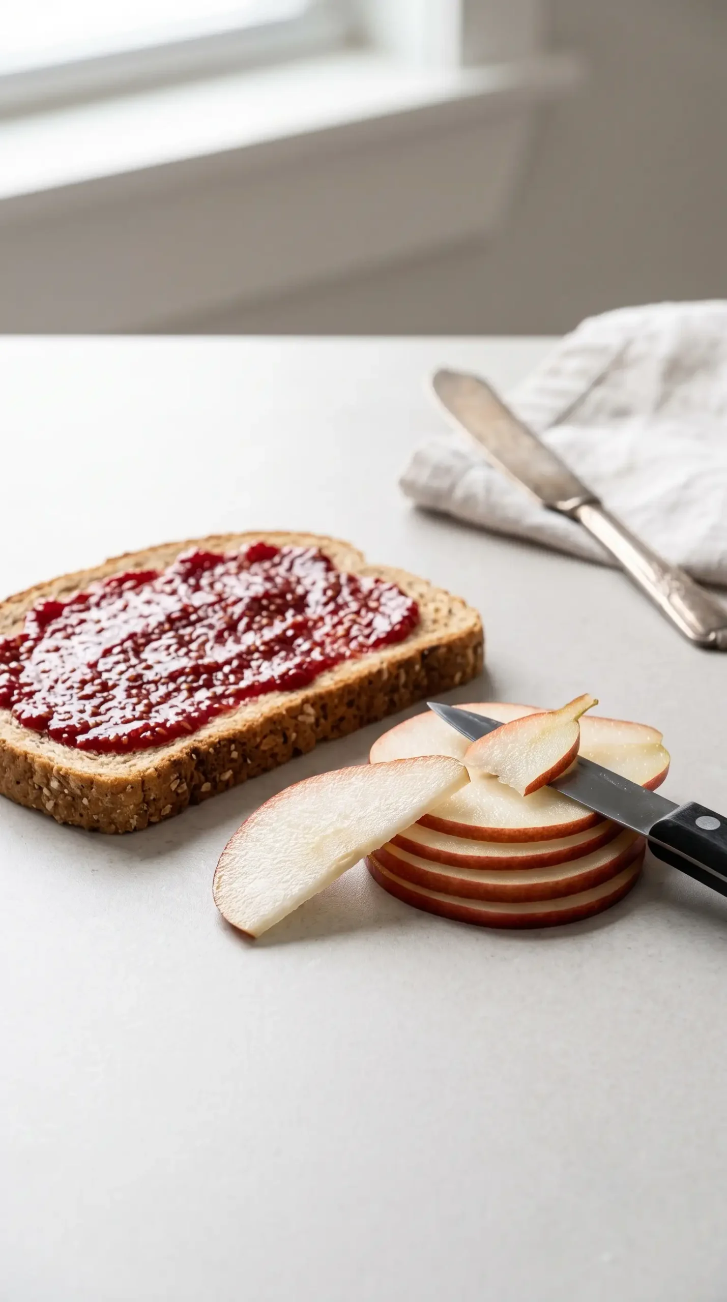 Thin red pear slices beside wheat bread spread with raspberry preserves for grilled cheese