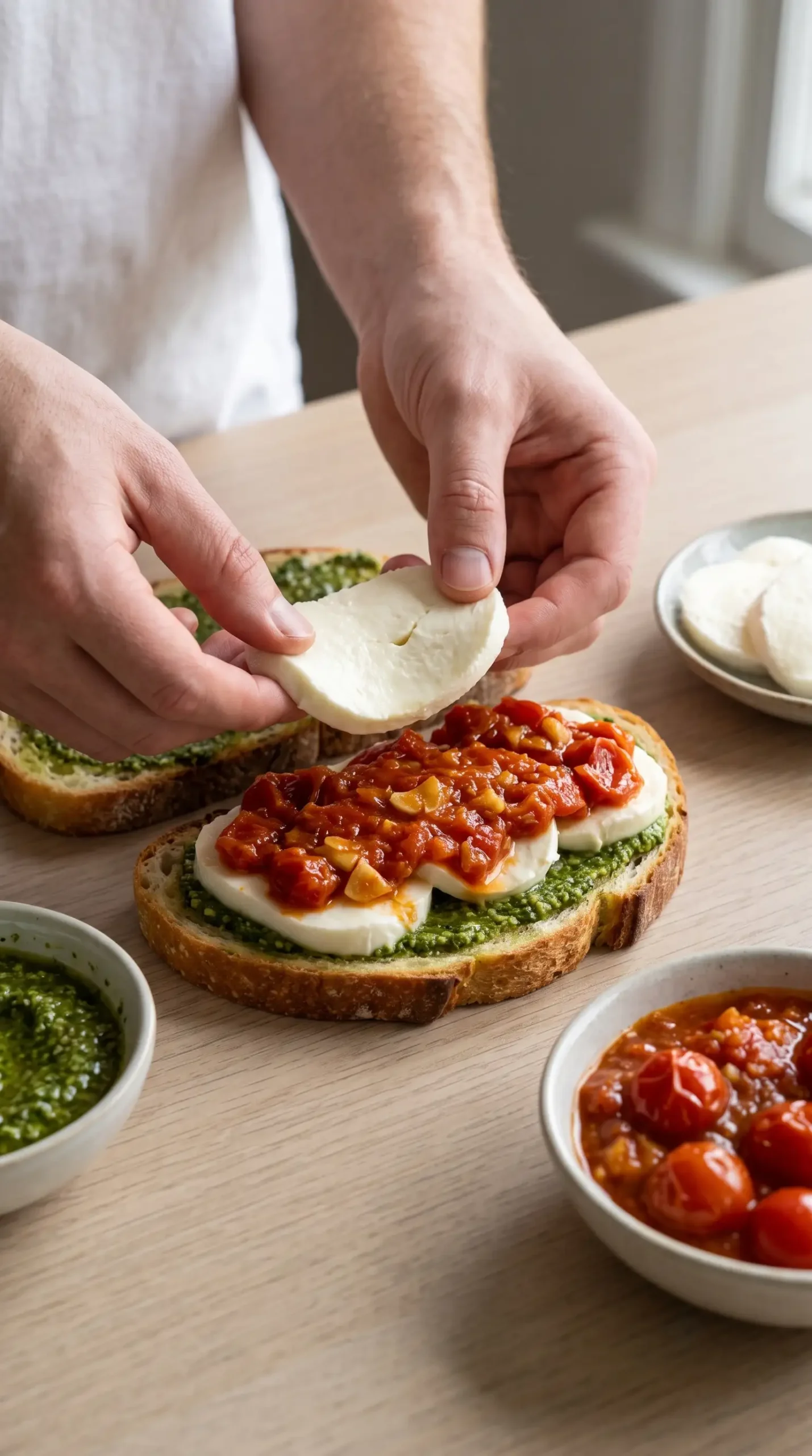 Sourdough layered with pesto, mozzarella, and garlic butter tomato sauce during assembly