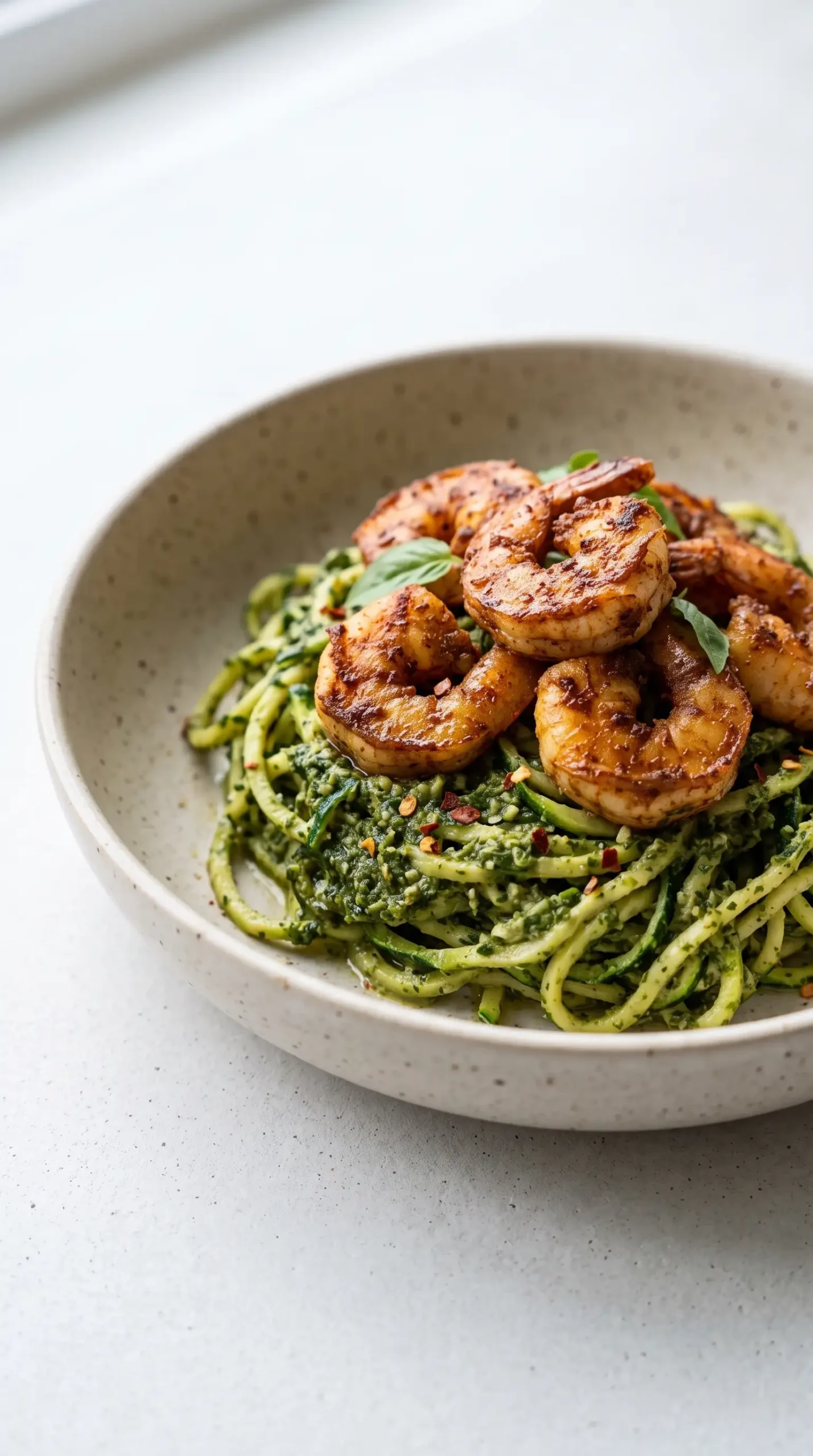 Finished zucchini noodles with pesto and chili-seasoned shrimp in a bowl
