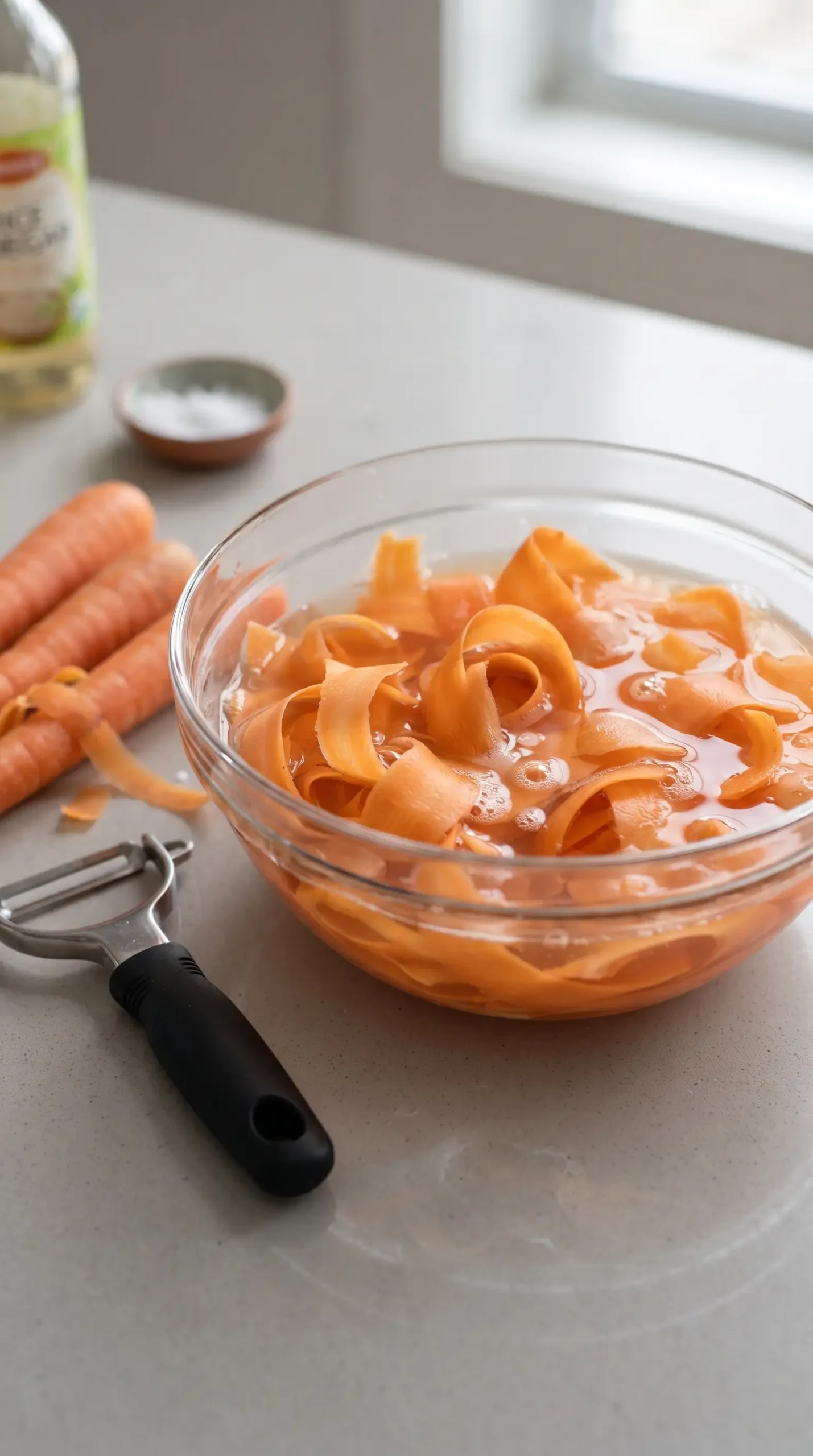 Carrot ribbons soaking in a sweet tangy pickling mixture for meatball bowls