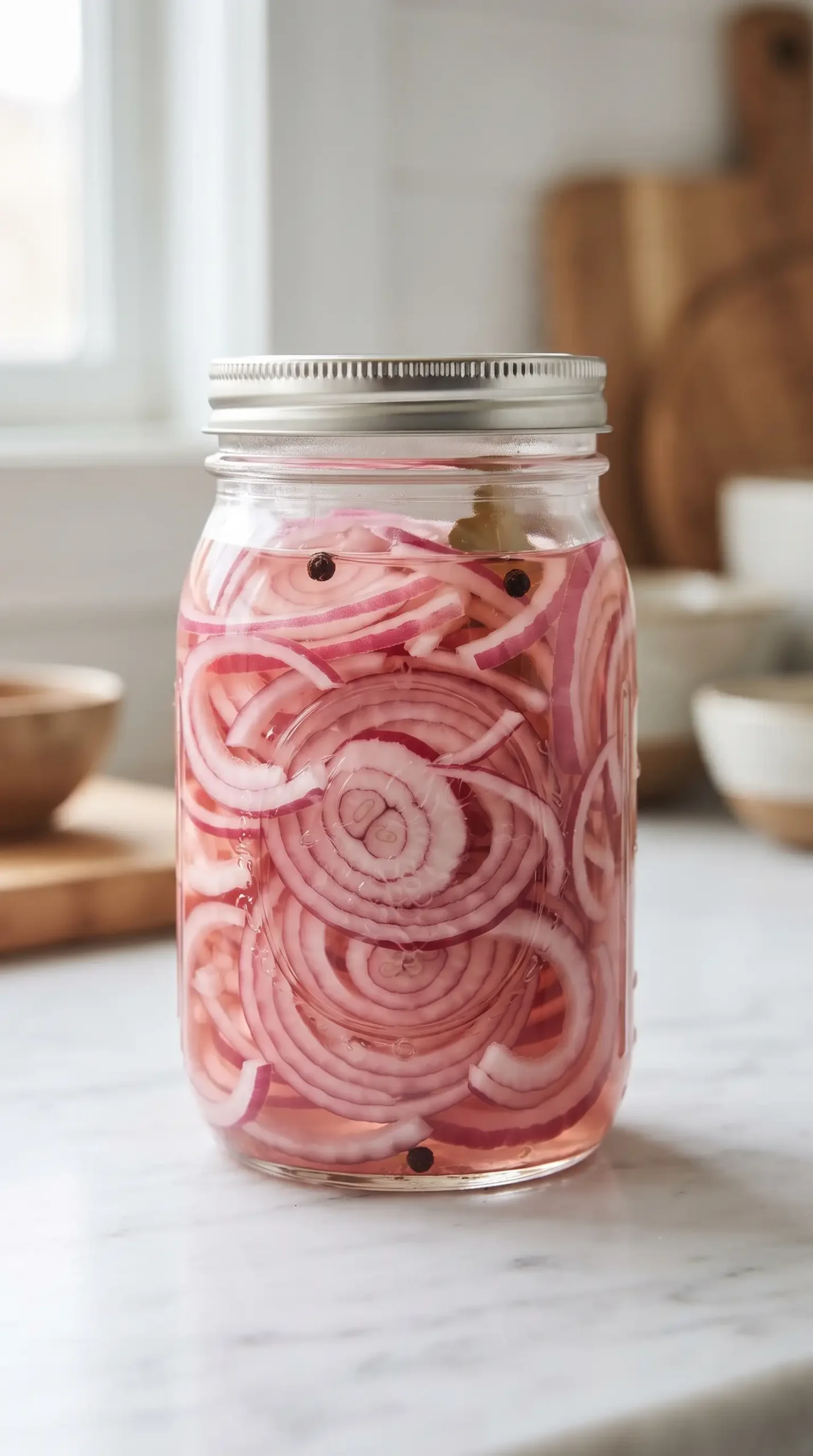 Realistic close-up food photography of homemade pickled red onions being prepared for Liz's Bistro Salad. Show thinly sliced red onions submerged in a clear vinegar and water mixture inside a simple glass jar, with the onion layers visible through the glass and a small amount of the vinegar mixture around them. Focus on the pickling process stage rather than a finished salad. Use a clean kitchen surface, soft natural lighting, accurate ingredient colors, and no dramatic effects.
