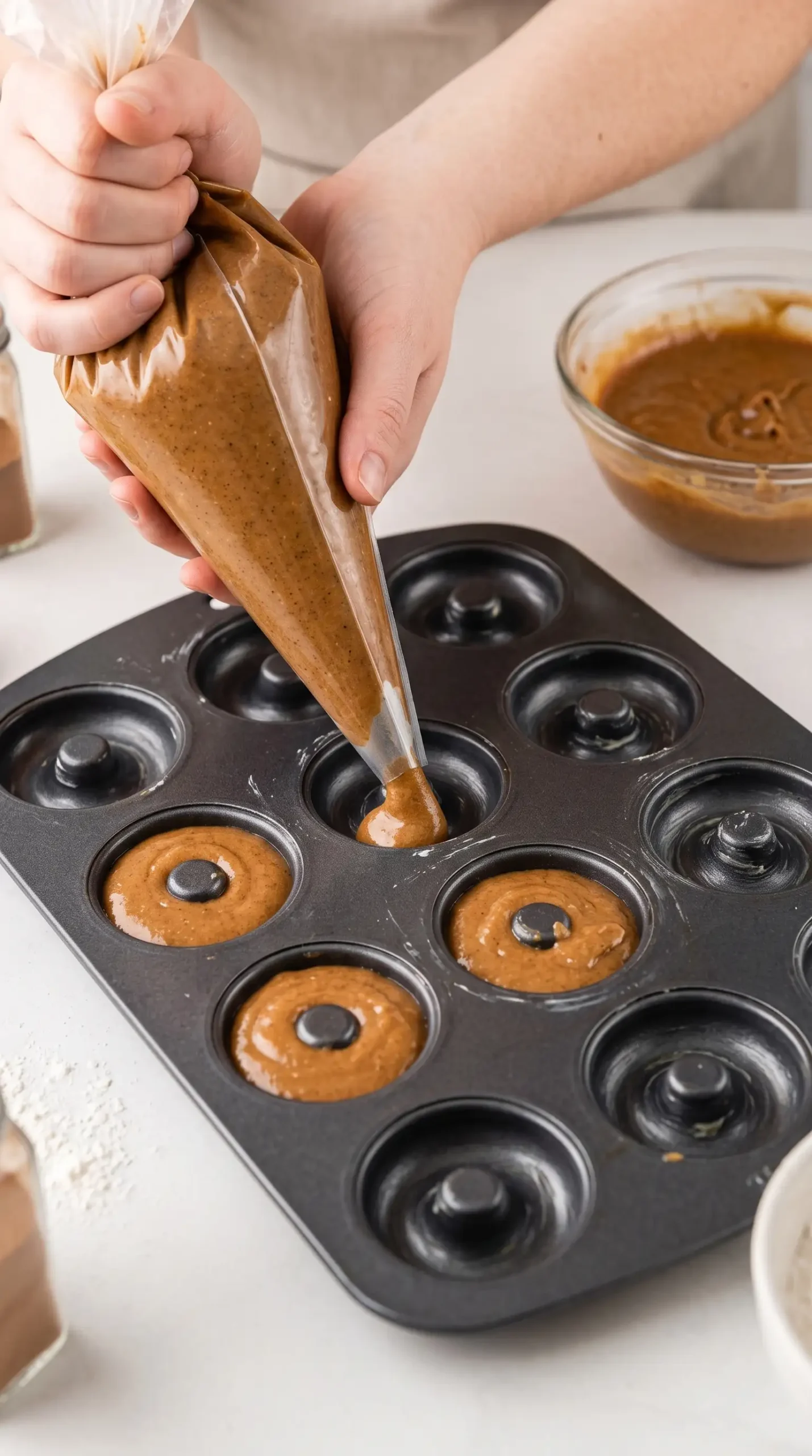Spiced batter being piped into a mini donut pan before baking