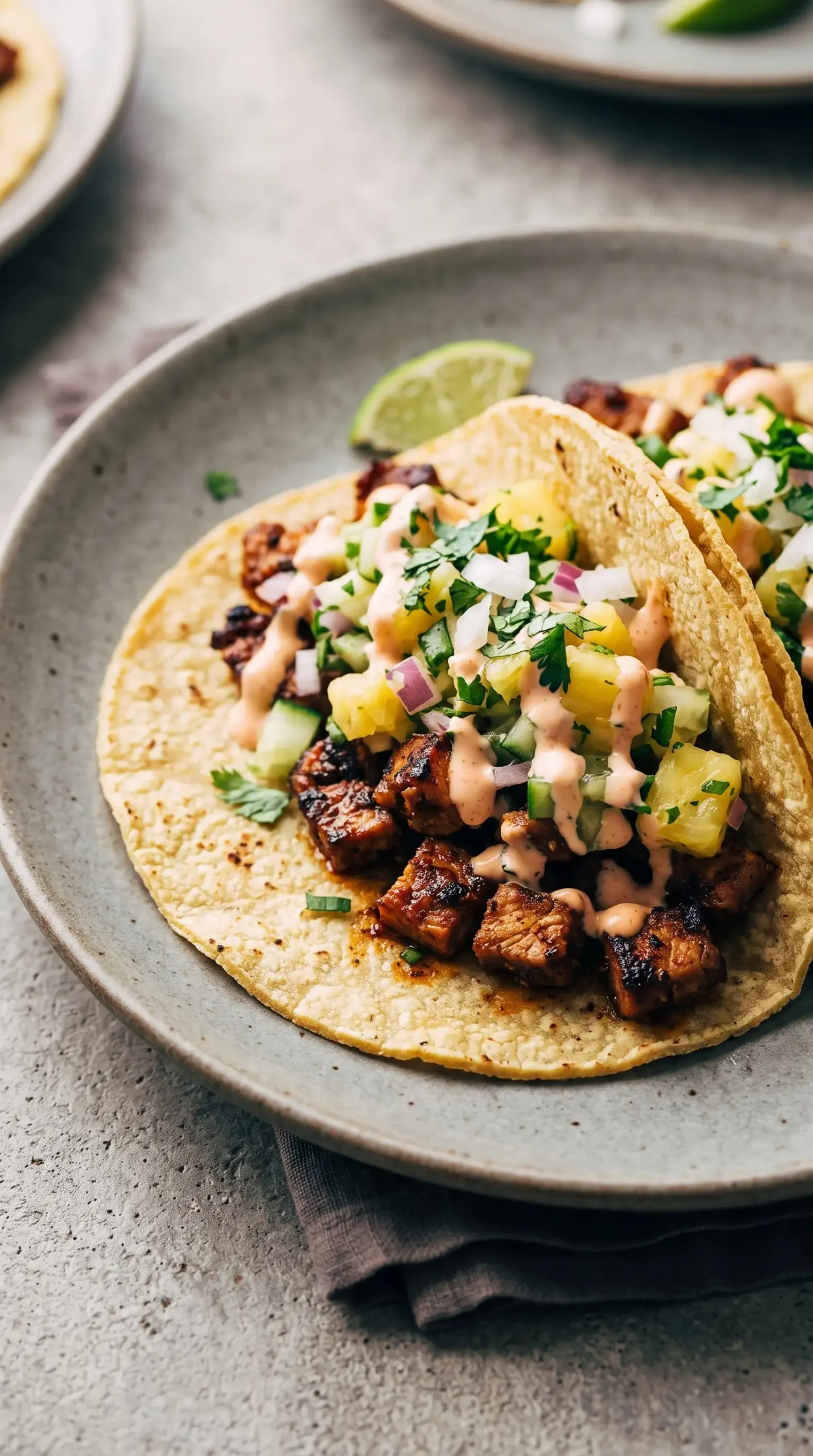 Pork loin tacos with pineapple salsa, chili sauce, cilantro, and lime wedges
