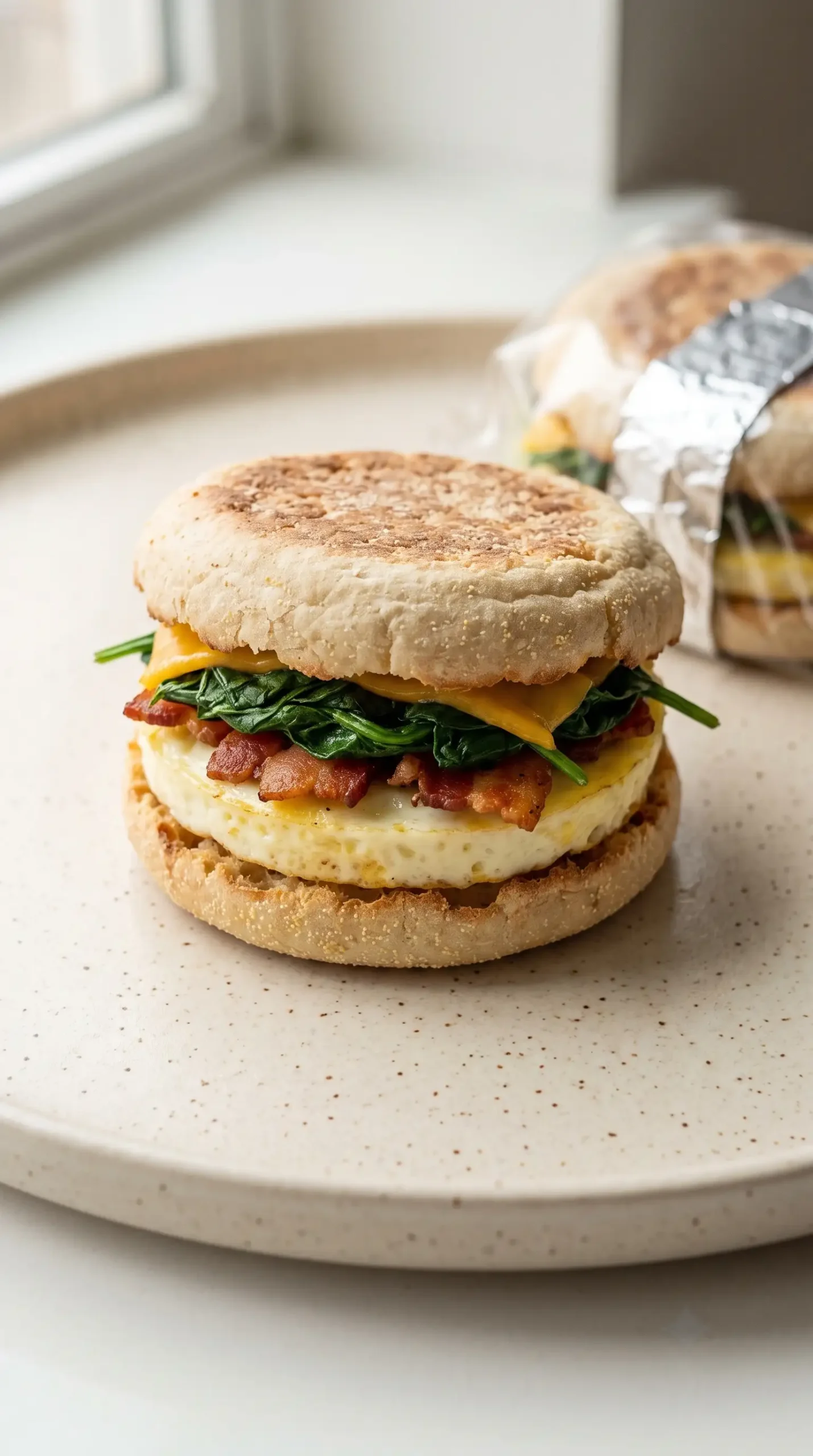 Assembled meal prep breakfast sandwich with bacon, spinach, egg, and cheese on an English muffin
