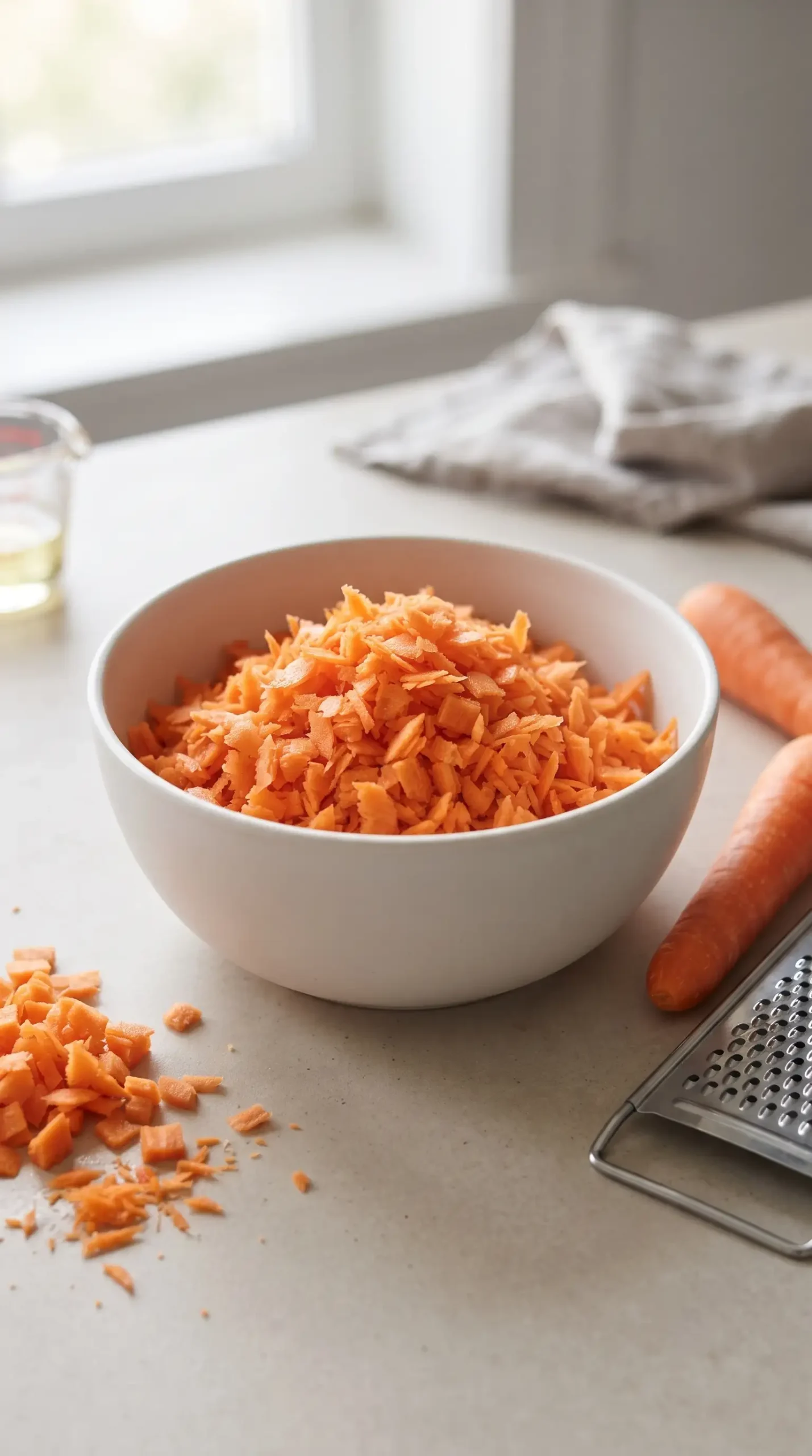 Finely grated and chopped carrots prepared for carrot cake cupcake batter