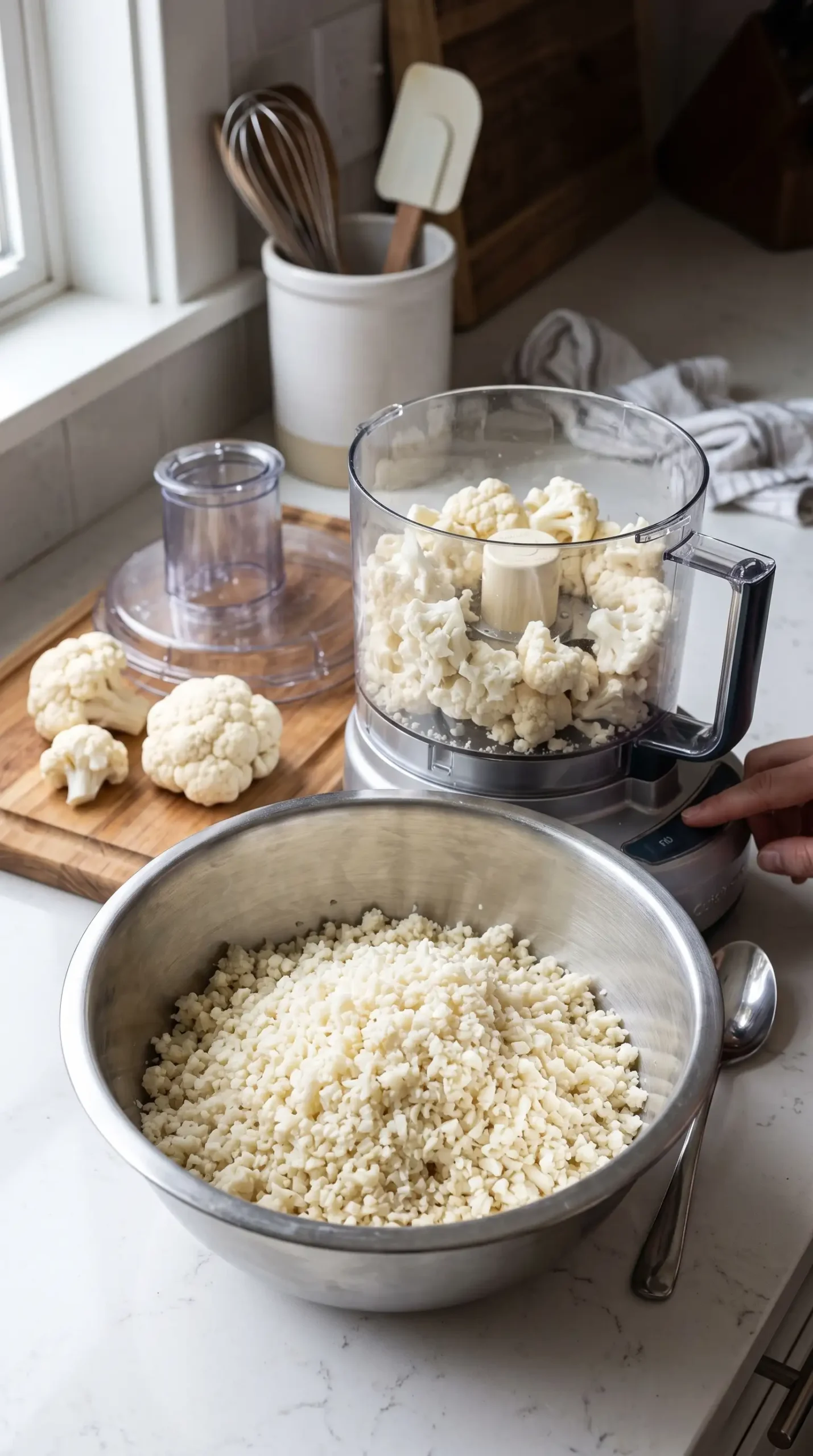 Cauliflower being processed into rice-like grains for fried rice preparation