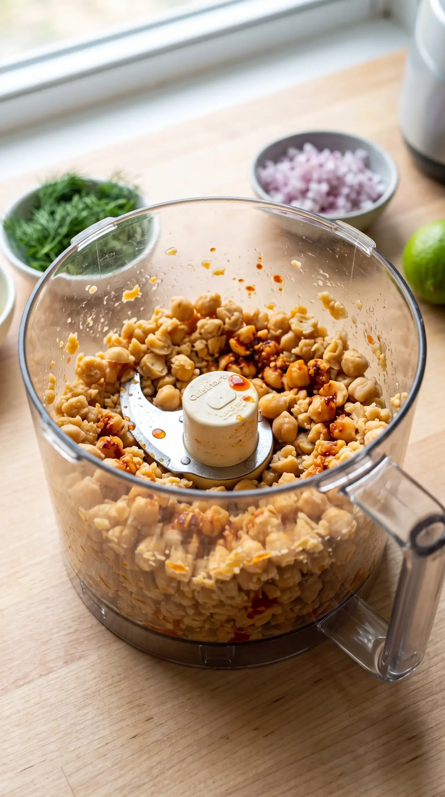Food processor bowl with chickpeas pulsed to a chunky texture for salad