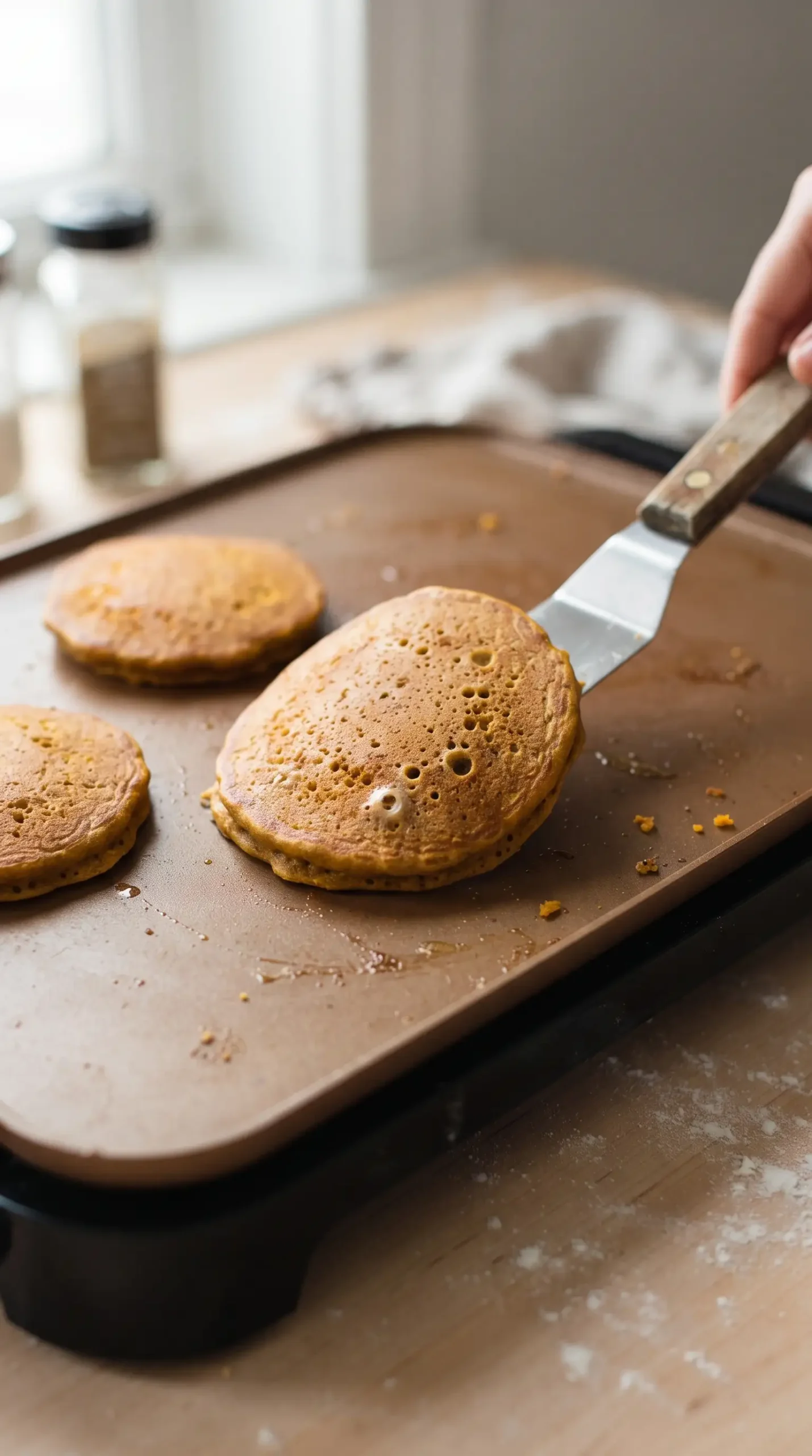 Whole wheat pumpkin pancake cooking on a griddle with a spatula