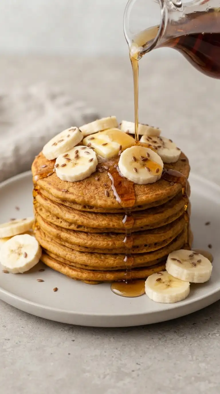 Whole wheat pumpkin pancakes topped with butter, maple syrup, banana, and flax seeds