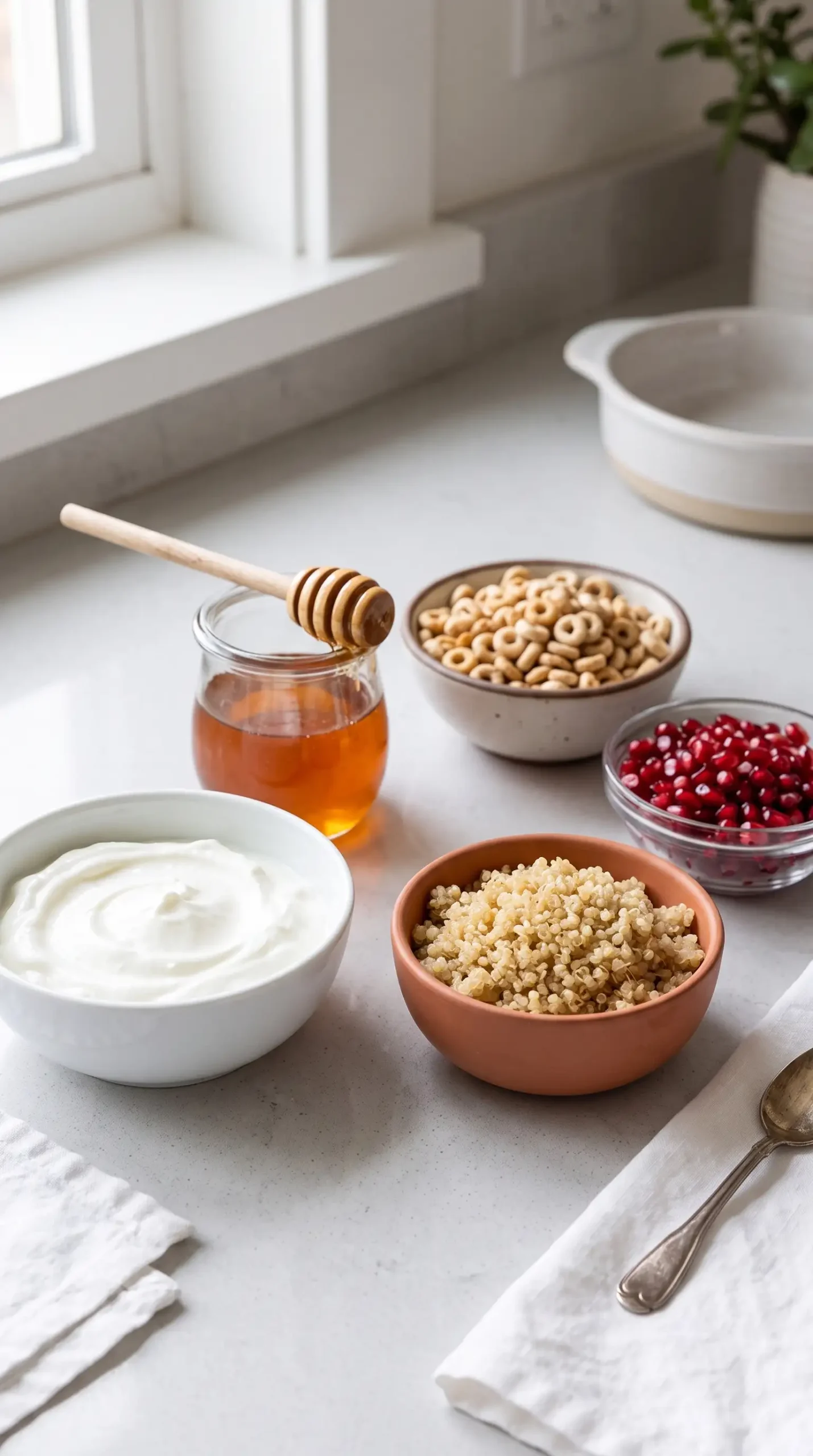 Ingredients for quinoa parfait including Greek yogurt, cooked quinoa, honey, cereal, and pomegranate