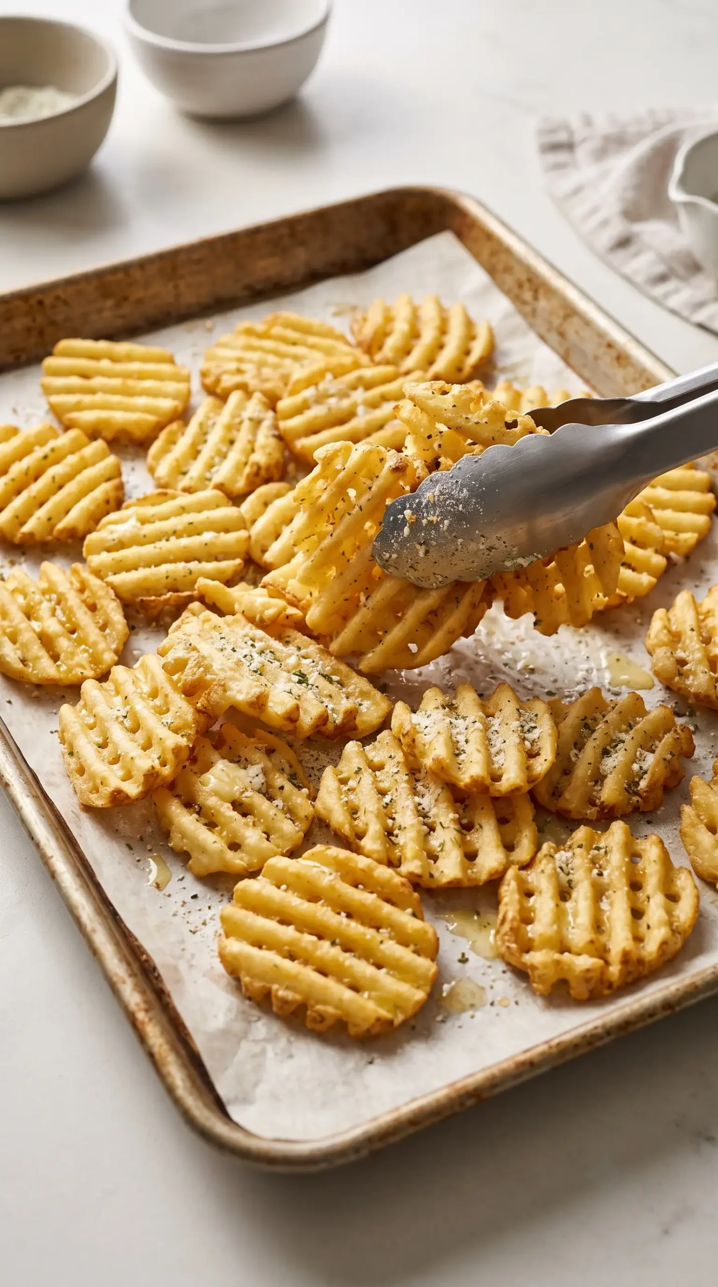 Waffle fries tossed with melted butter and ranch seasoning on a baking sheet