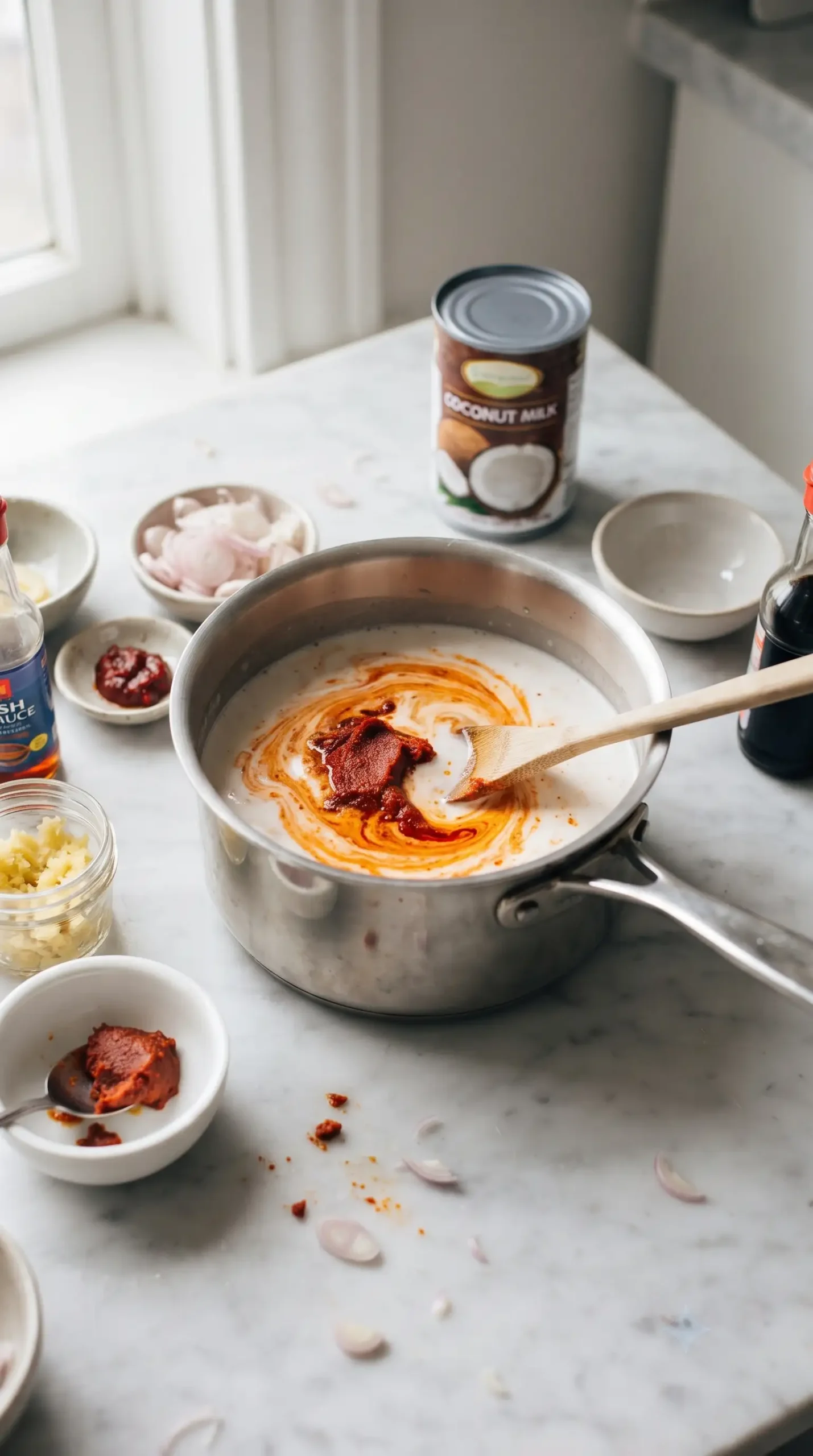 Red curry paste and coconut milk sauce base being prepared in a saucepan