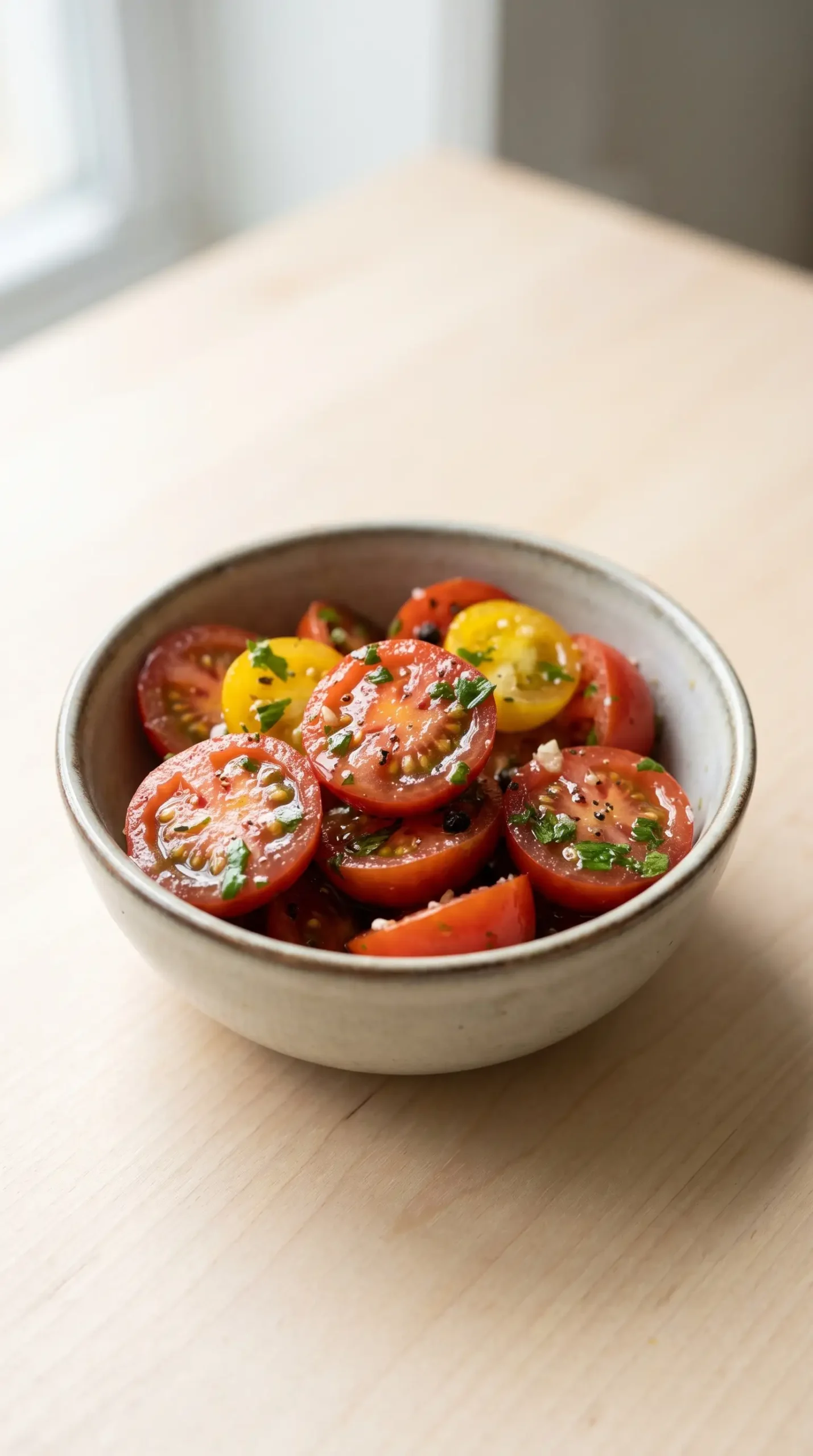 Bowl of rested marinated tomatoes coated with garlic, olive oil and parsley