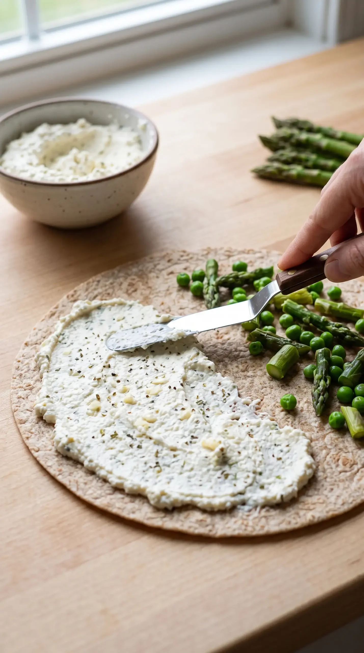 Ricotta garlic filling spread on a whole wheat tortilla for quesadilla layers